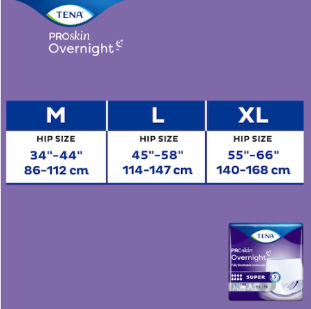 Tena ProSkin Overnight Super Protective Adult Underwear, how to find the right size of overnight underwear, sizing guide incontinence