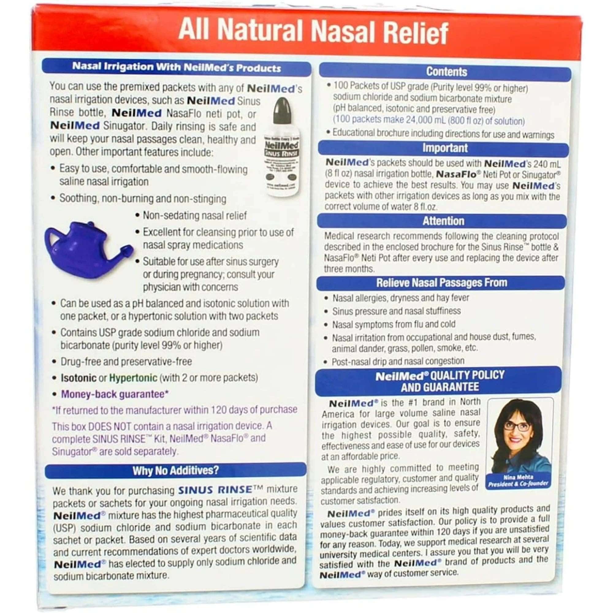 Neilmed Sinus Rinse Saline Nasal Rinse Refill Kit Powder For Solution - Box of 100 - Image 3