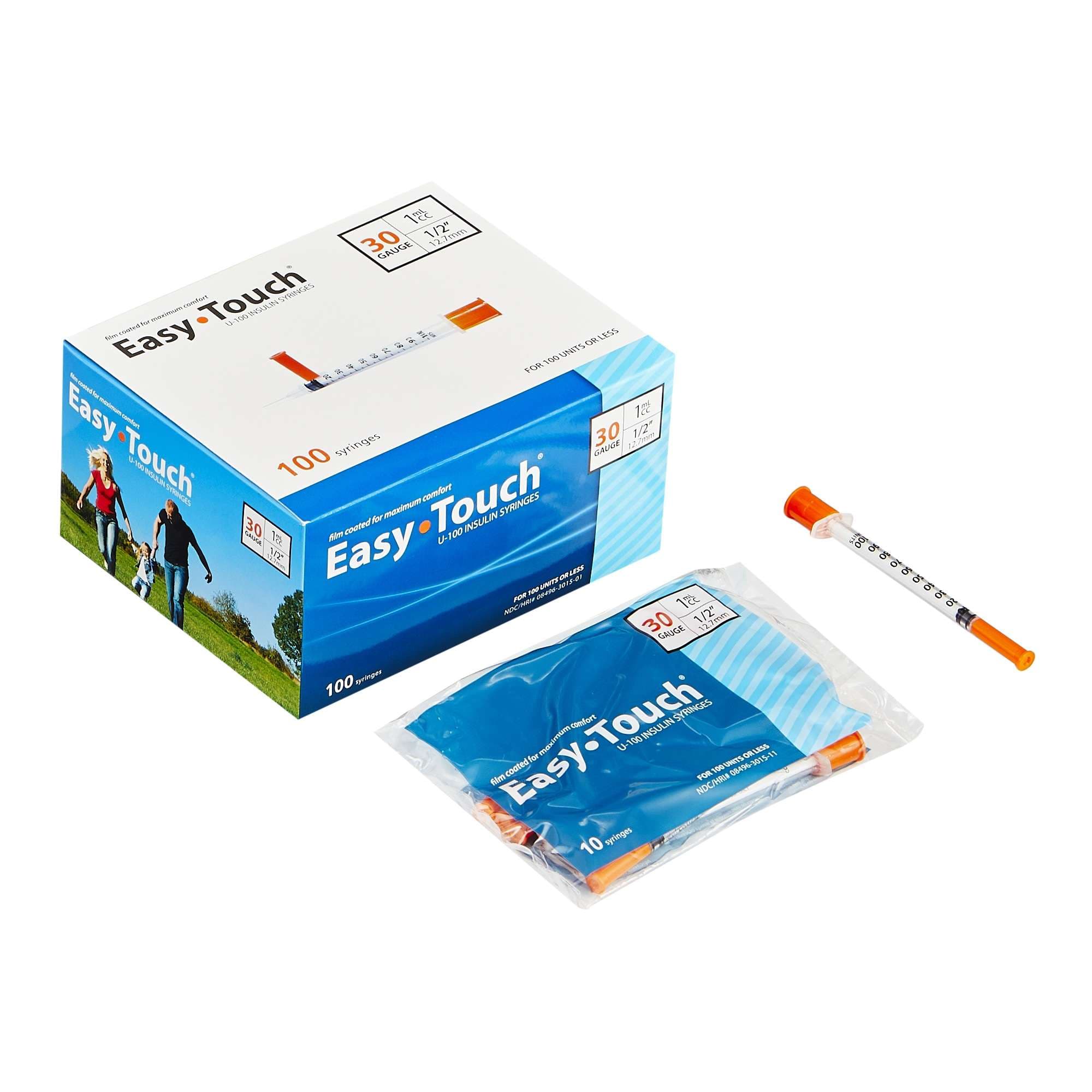 EasyTouch Standard Insulin Syringe with Needle, U-100 Insulin, 30 Gauge, 1/2 Inch, Poly Bag - Box of 100 - Image 1