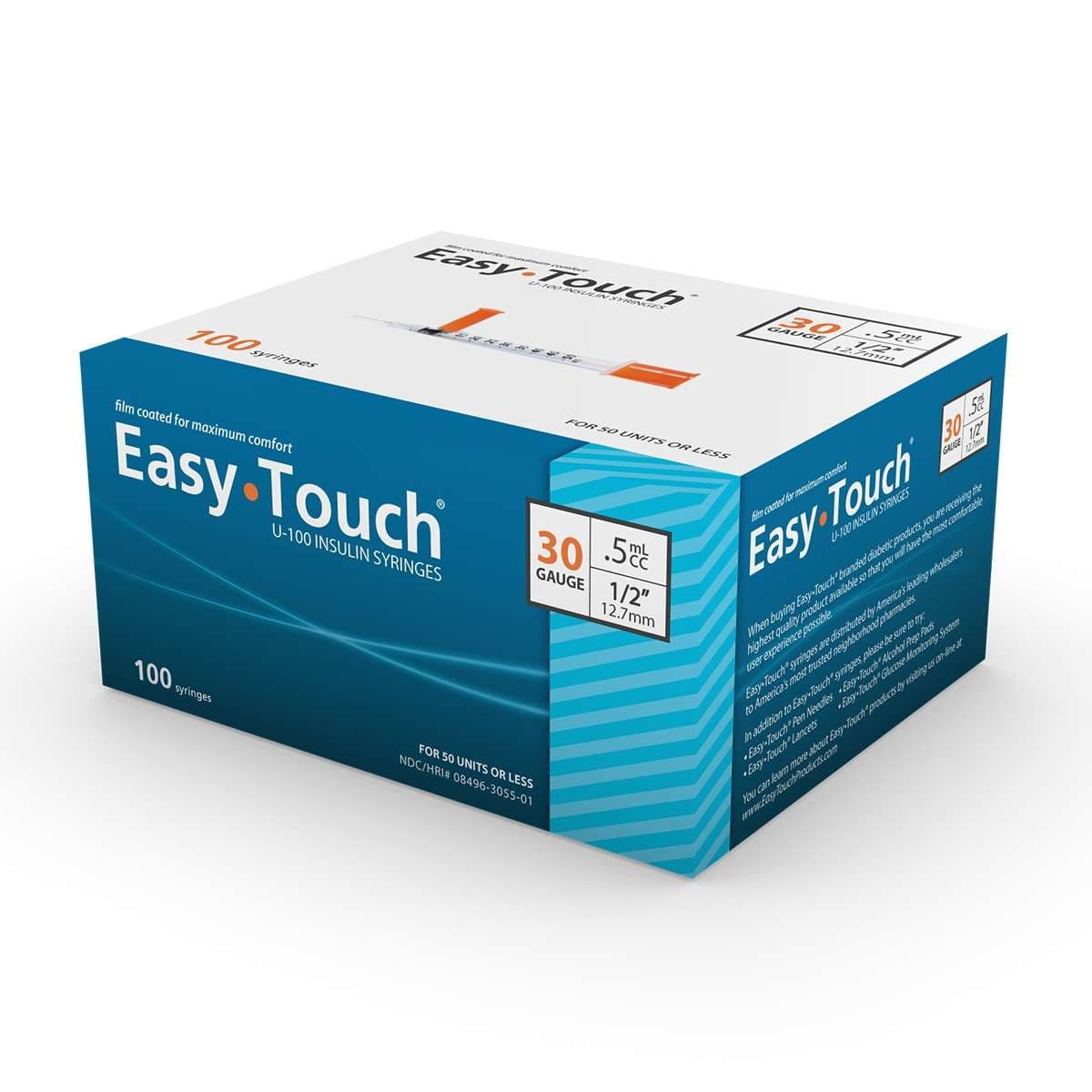 EasyTouch Standard Insulin Syringe with Attached Needle, 1/2 Inch, 0.5 mL - Box of 100 - Image 1