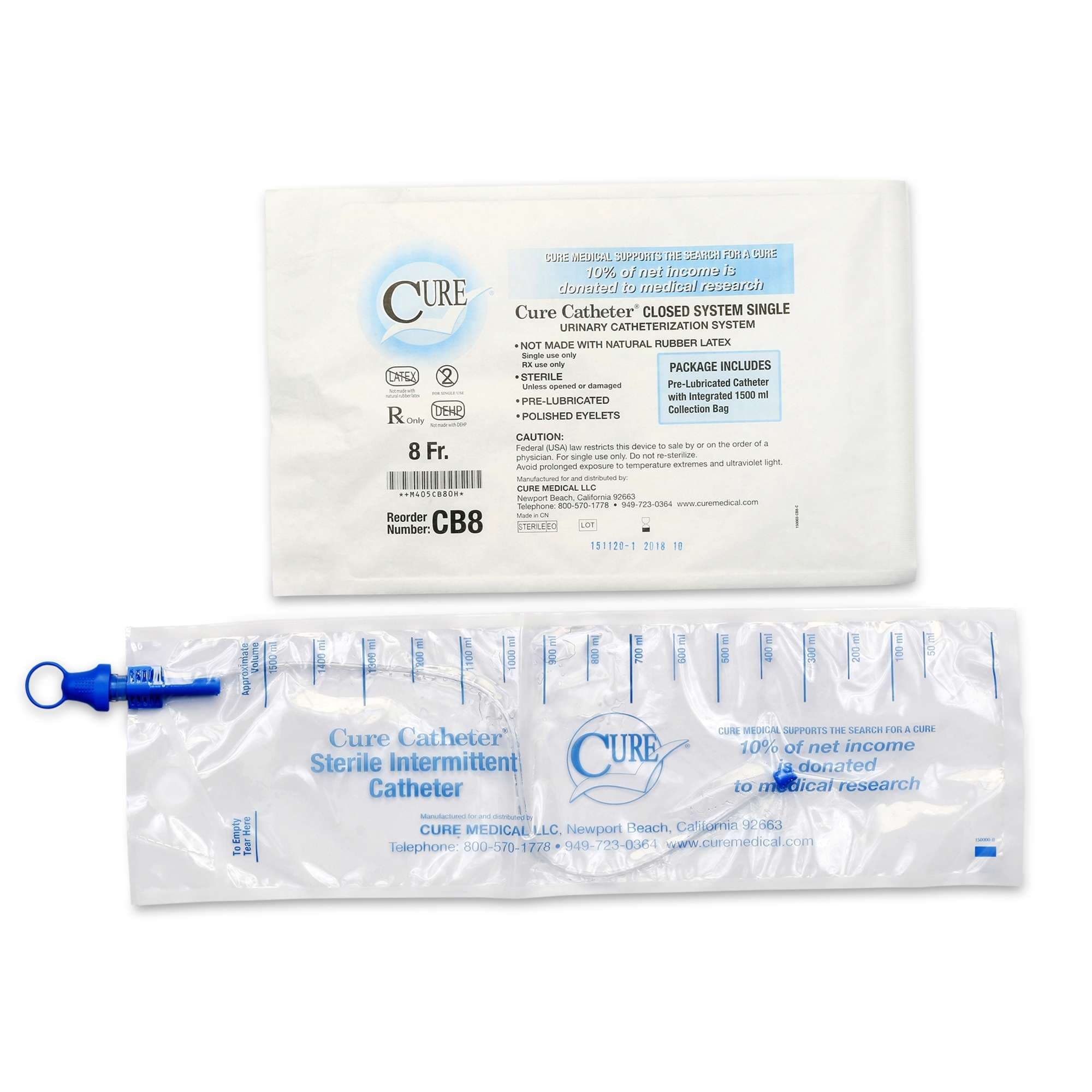 Cure Closed System Intermittent Catheter, 8 Fr - Case of 100 - Image 1