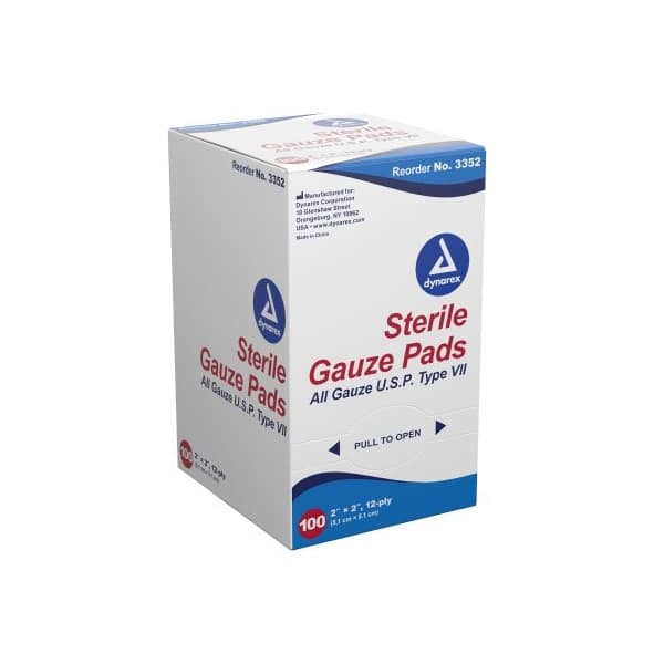 Dynarex Gauze Sponge White 12-Ply Square Sterile, 2 x 2 Inch - Box of 100 - Image 1