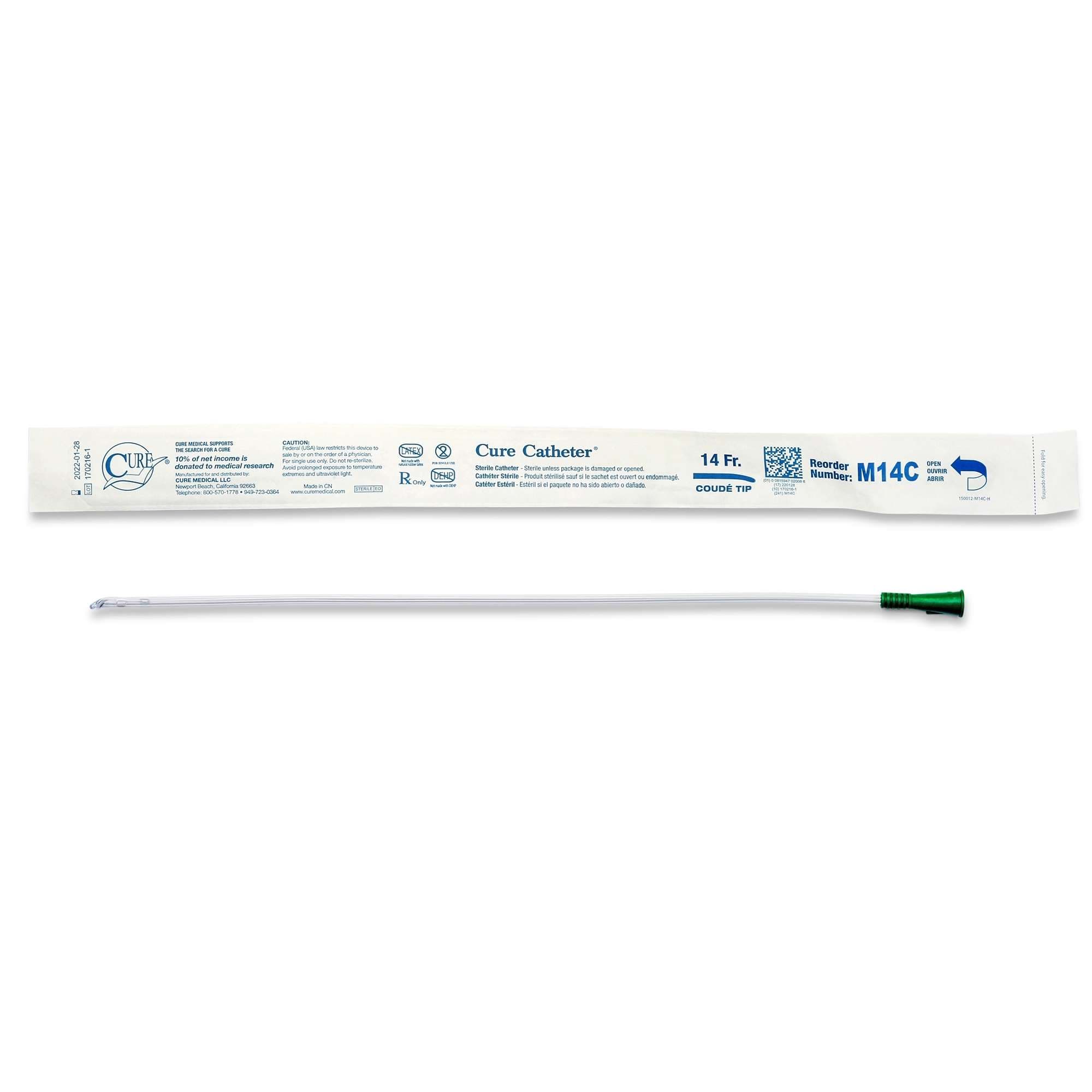 Cure Uncoated PVC Intermittent Catheter for Men, Coude Tip, 14 Fr - Each - Image 1