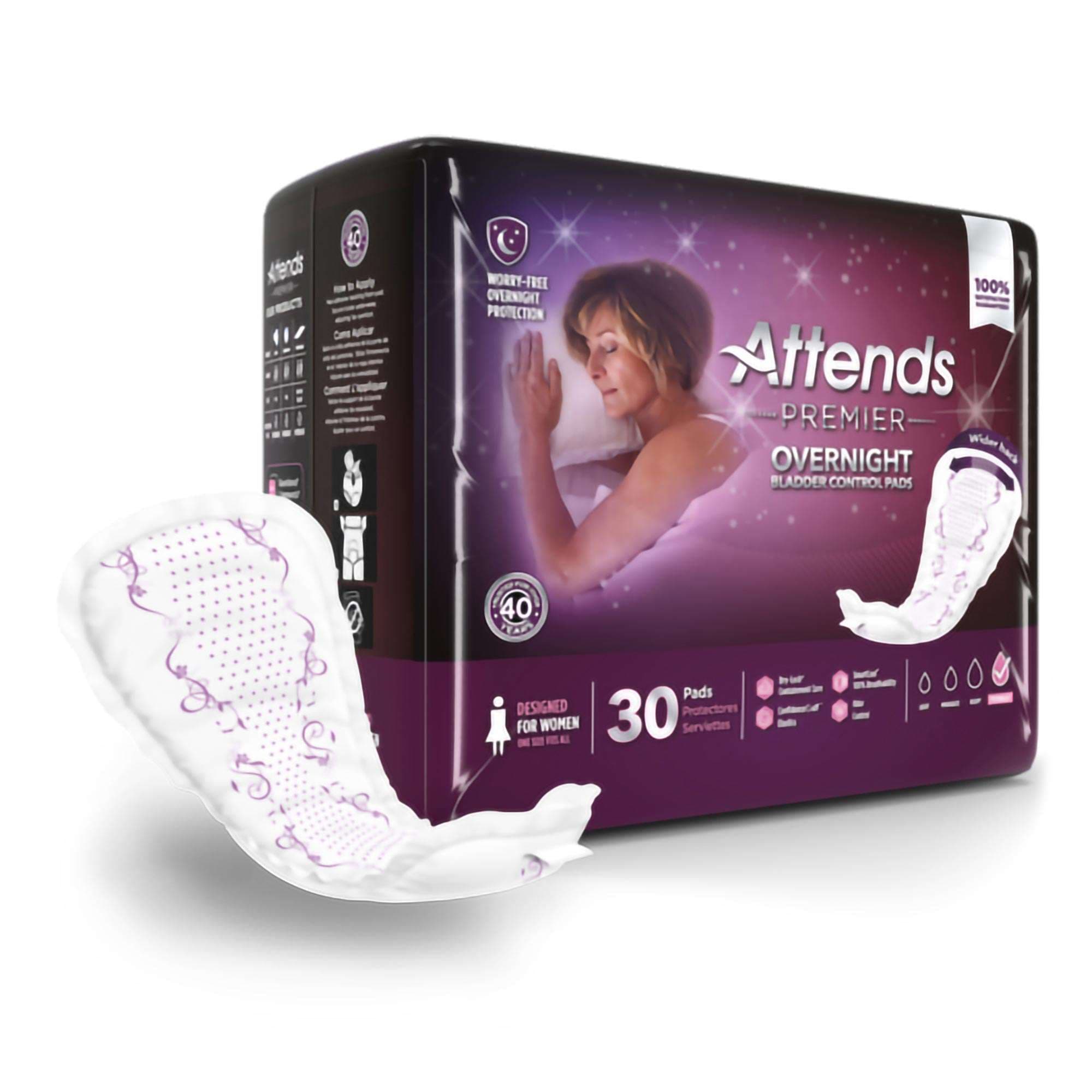 Attends Premier Overnight Female Bladder Control Pads - Case of 120 - Image 1
