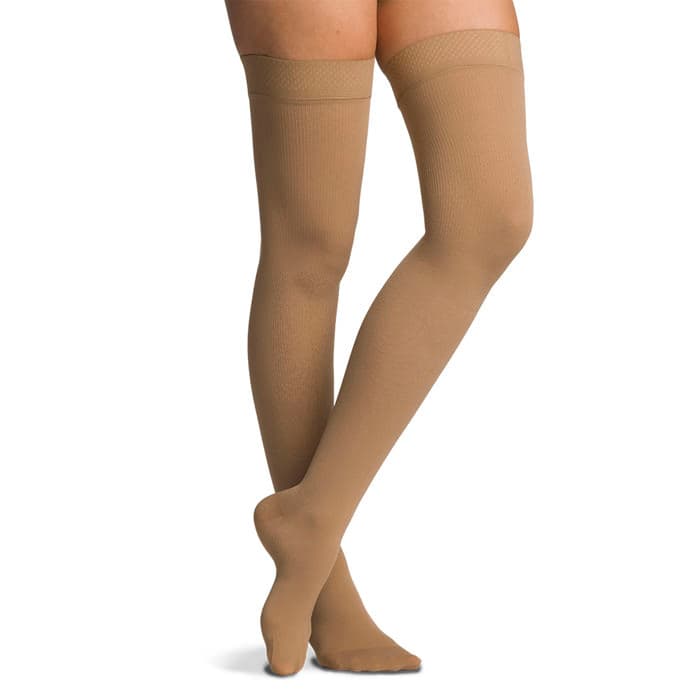 Sigvaris Essential Cotton Women Thigh-High with Grip-Top Compression Stockings 30-40 mmHg, Closed Toe, Large-Short, Crispa - Pair - Image 1