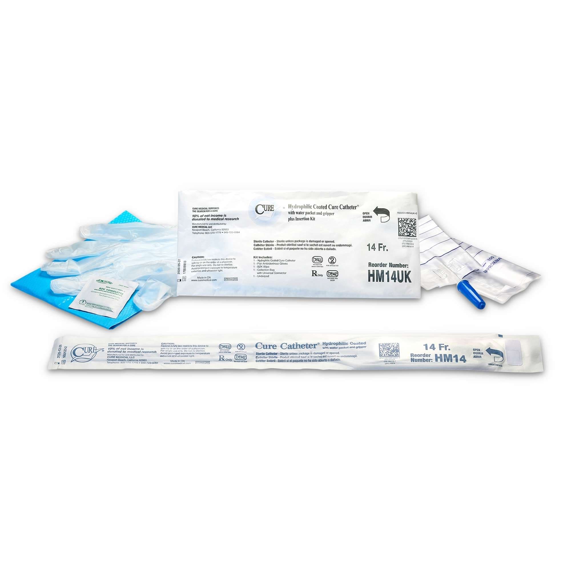 Cure Hydrophilic Catheter Kit for men, 14 Fr - Case of 90 - Image 1