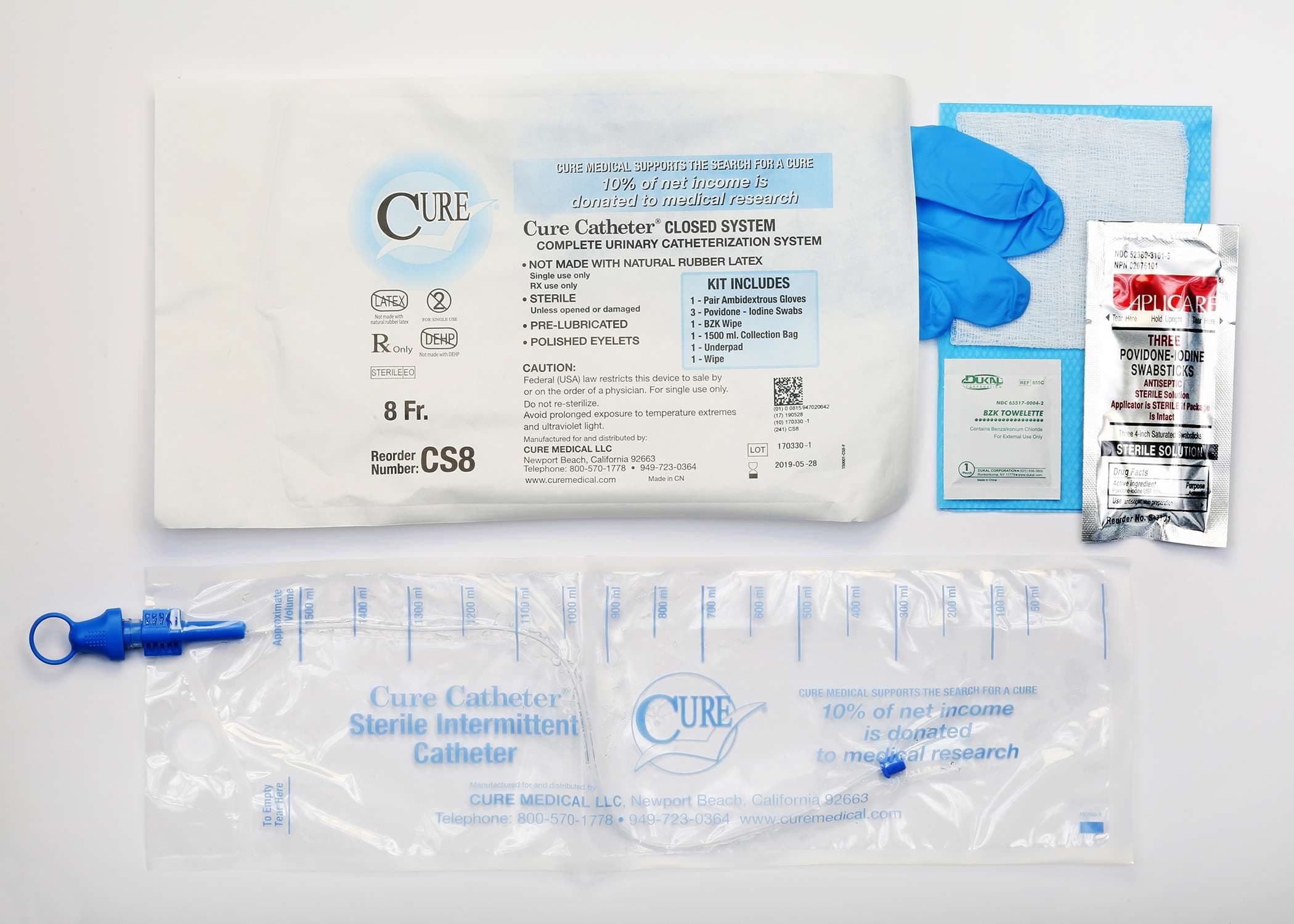 Cure Closed System Intermittent Catheter Kit, 8 Fr - Case of 100 - Image 1