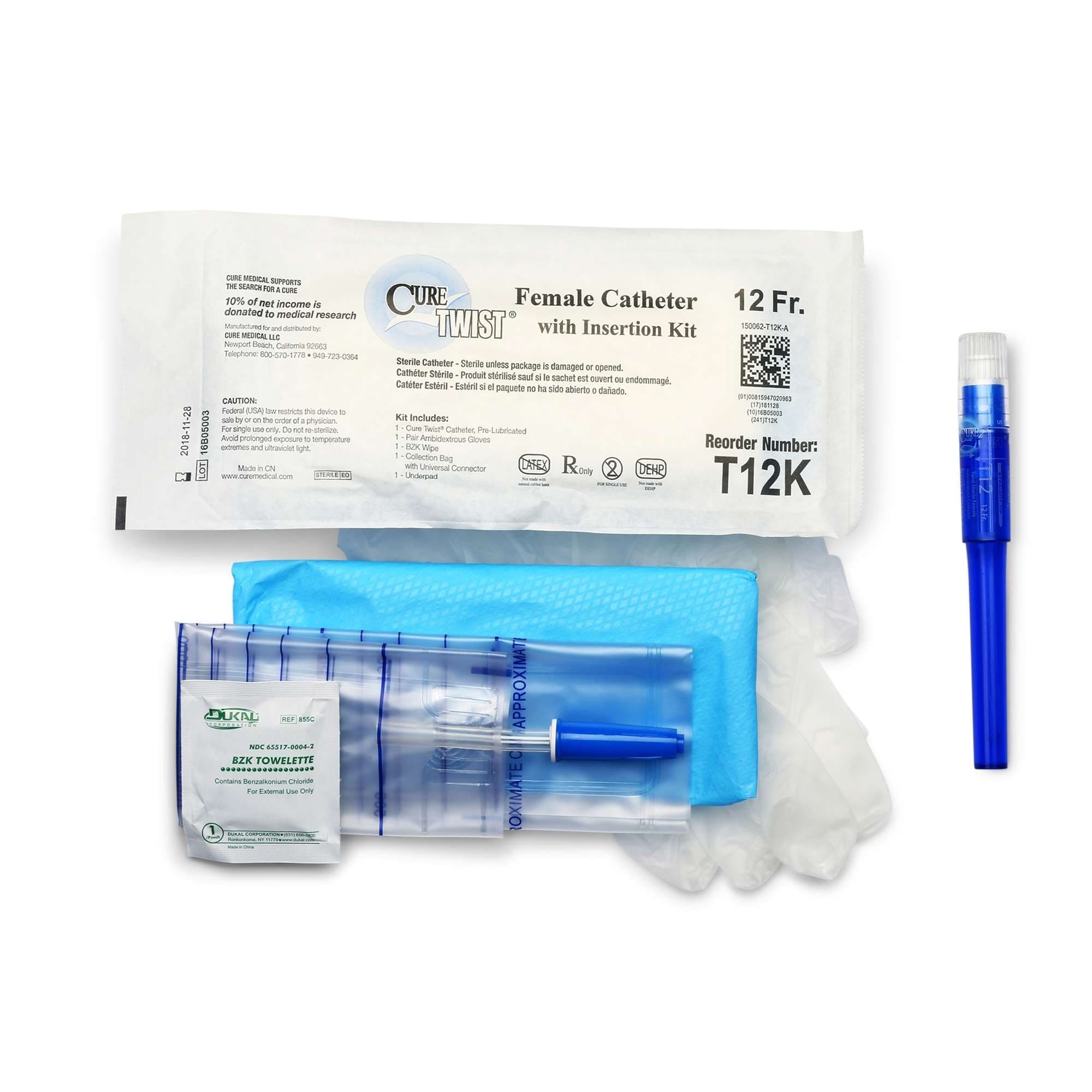 Cure Twist Ready to Use Catheter with insertion kit supplies for Women, 12 Fr - Each - Image 1