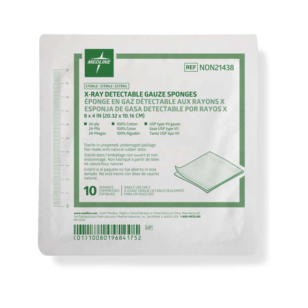 Medline Sterile 100% Cotton X-ray Detectable Gauze Sponges, 24-Ply, 8" x 4" - Case of 20 - Image 1