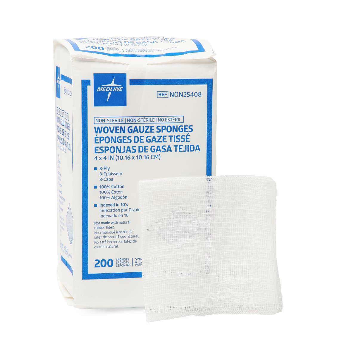 Medline 100% Cotton Woven Gauze Sponges, 8 Ply, 4 x 4 Inch - Package of 200 - Image 1
