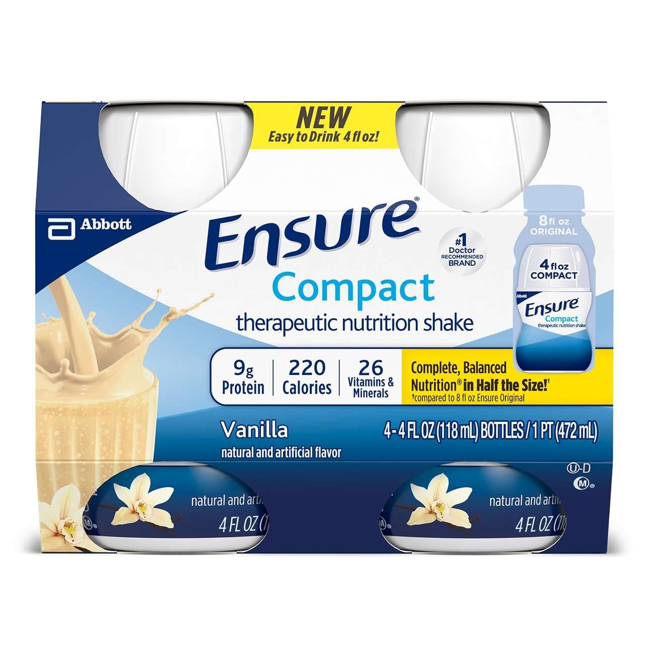 Ensure Compact Therapeutic Nutrition Shake, Vanilla, 4 oz Bottle - Case of 24 - Image 1