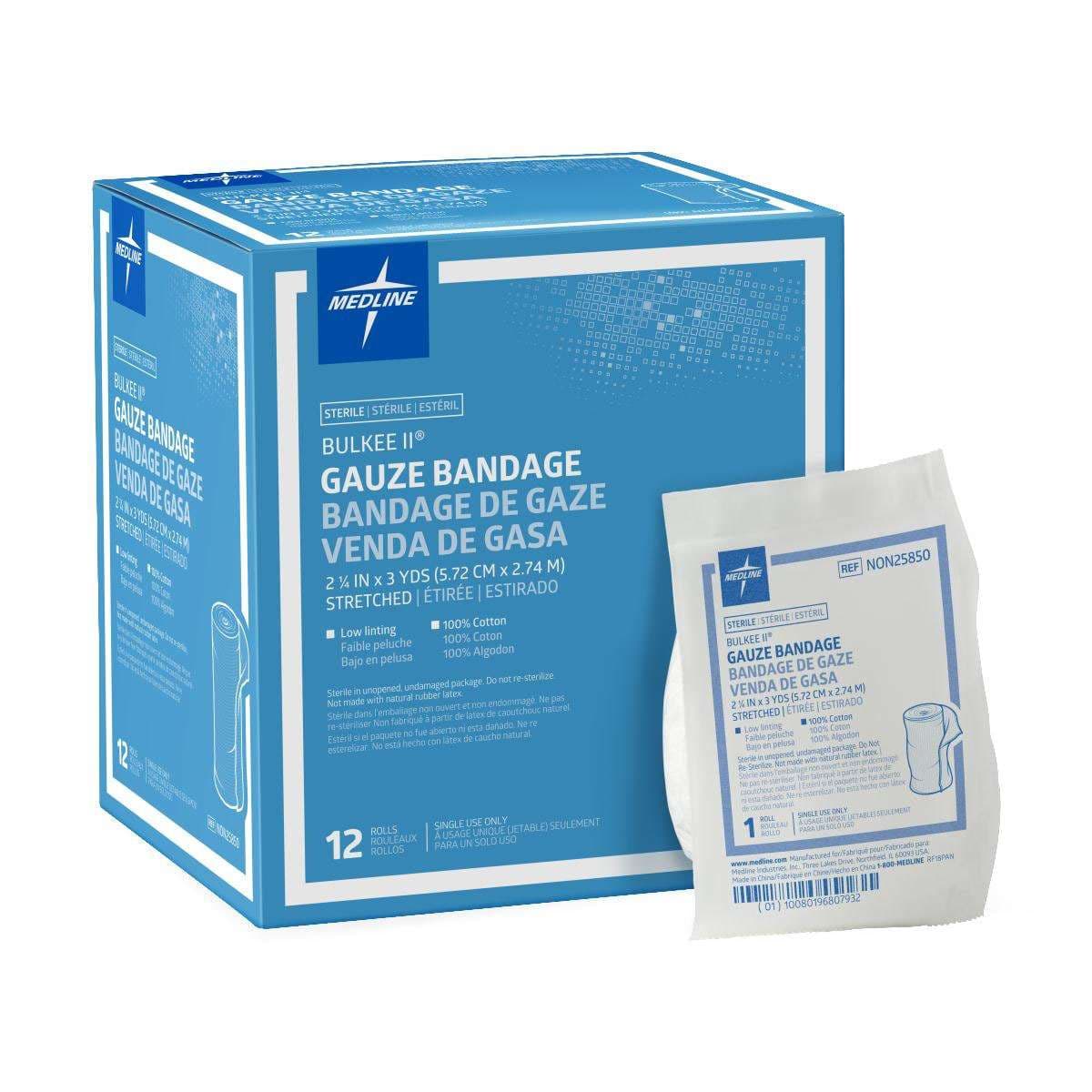 Medline Bulkee II Sterile Cotton Gauze Bandage, 2-1/4 Inch x 3 Yard - Box of 12 - Image 1