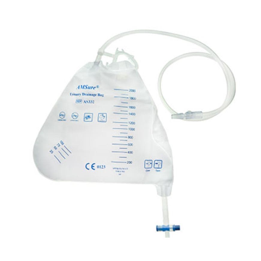 AMSure Urinary Drain Bag with Universal Hanger - Case of 20 - Image 1