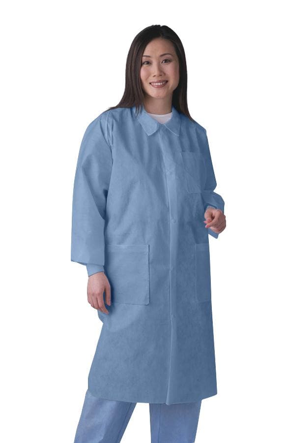 Medline Disposable Knit-Cuff Multilayer SMS Lab Coat with Traditional Collar, Blue, Size M - Bag of 10 - Image 1