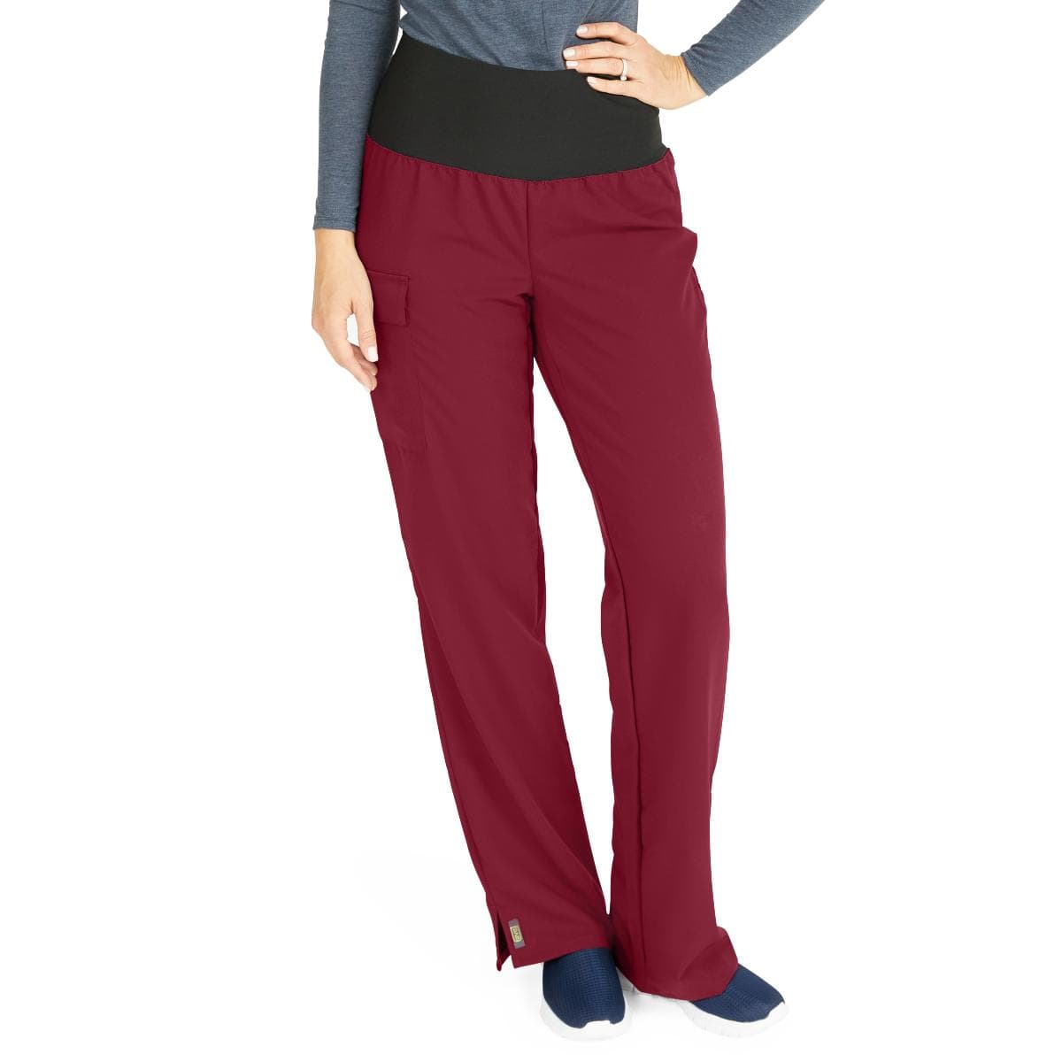 Medline Ocean AVE Women's Stretch Wide Waistband Scrub Pants with Cargo Pocket, Wine, Extra Small, Petite - Image 1
