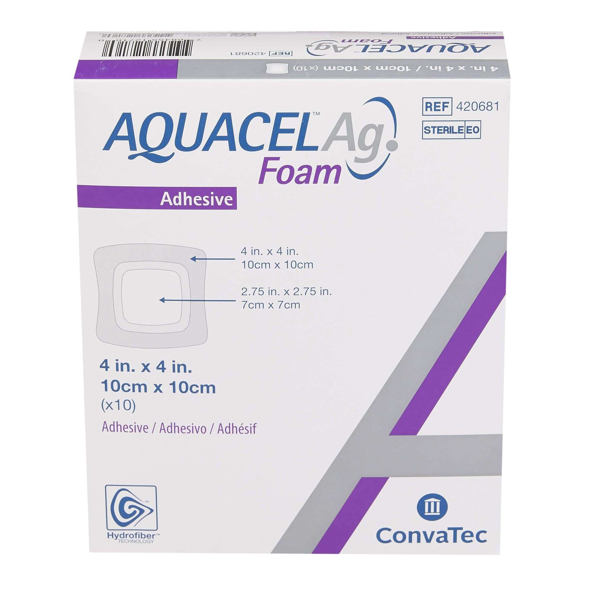 Convatec Aquacel Ag Foam Adhesive Dressing, 4 x 4 Inch - Box of 10 - Image 1
