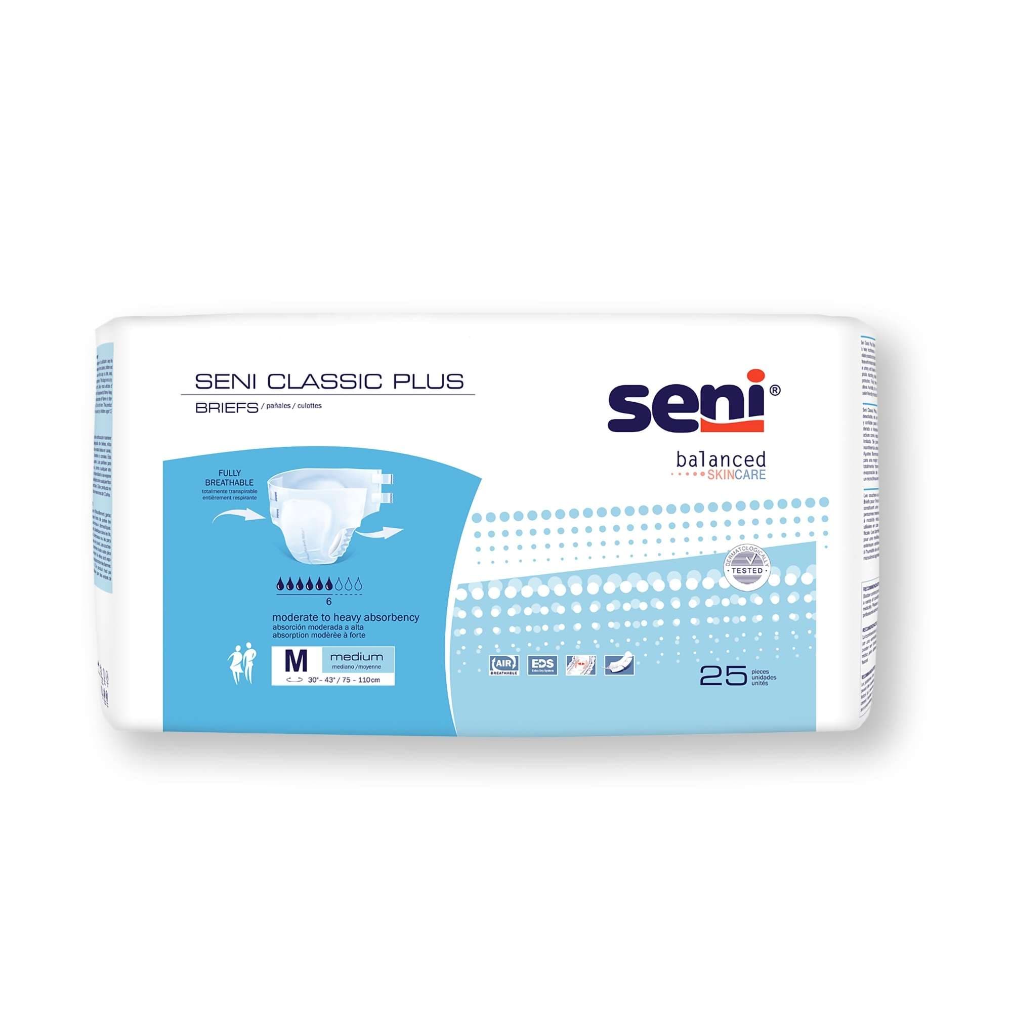 Seni Classic Plus Unisex Adult Incontinence Brief, Medium - Package of 25 - Image 1