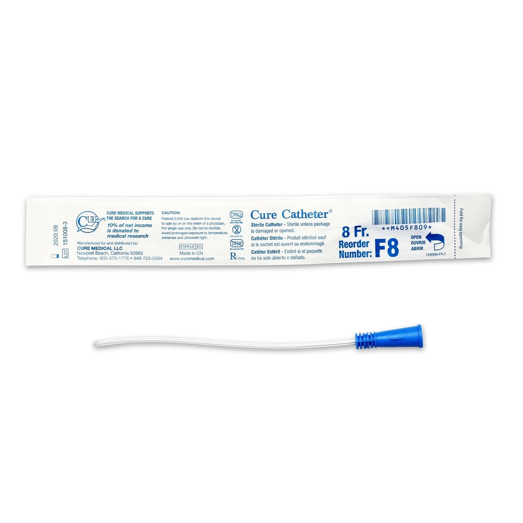 Cure Uncoated PVC Intermittent Catheter for Female, 8 Fr - Each - Image 1