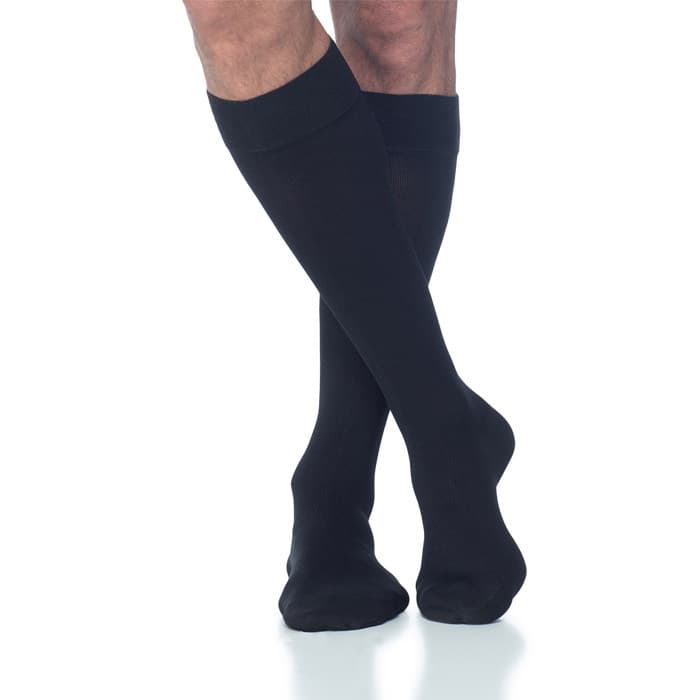 Sigvaris Essential Cotton Men's Calf High Compression Socks, 20-30 mmHg, Closed Toe, Large-Long, With Grip Top, Black - Pair - Image 1