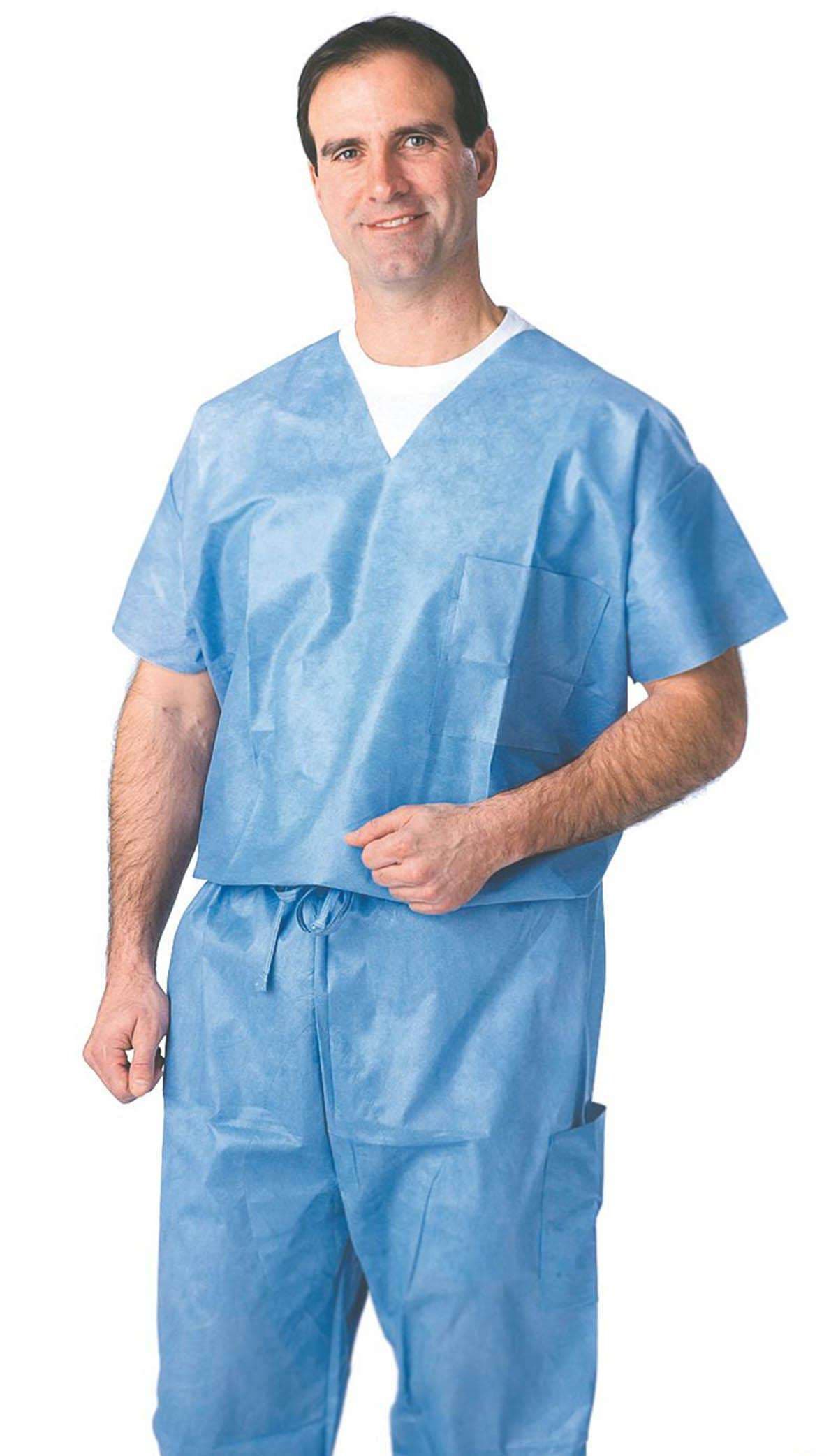 Medline Unisex Scrub Shirt with V-Neck, Disposable, Blue, Size S - Case of 30 - Image 1