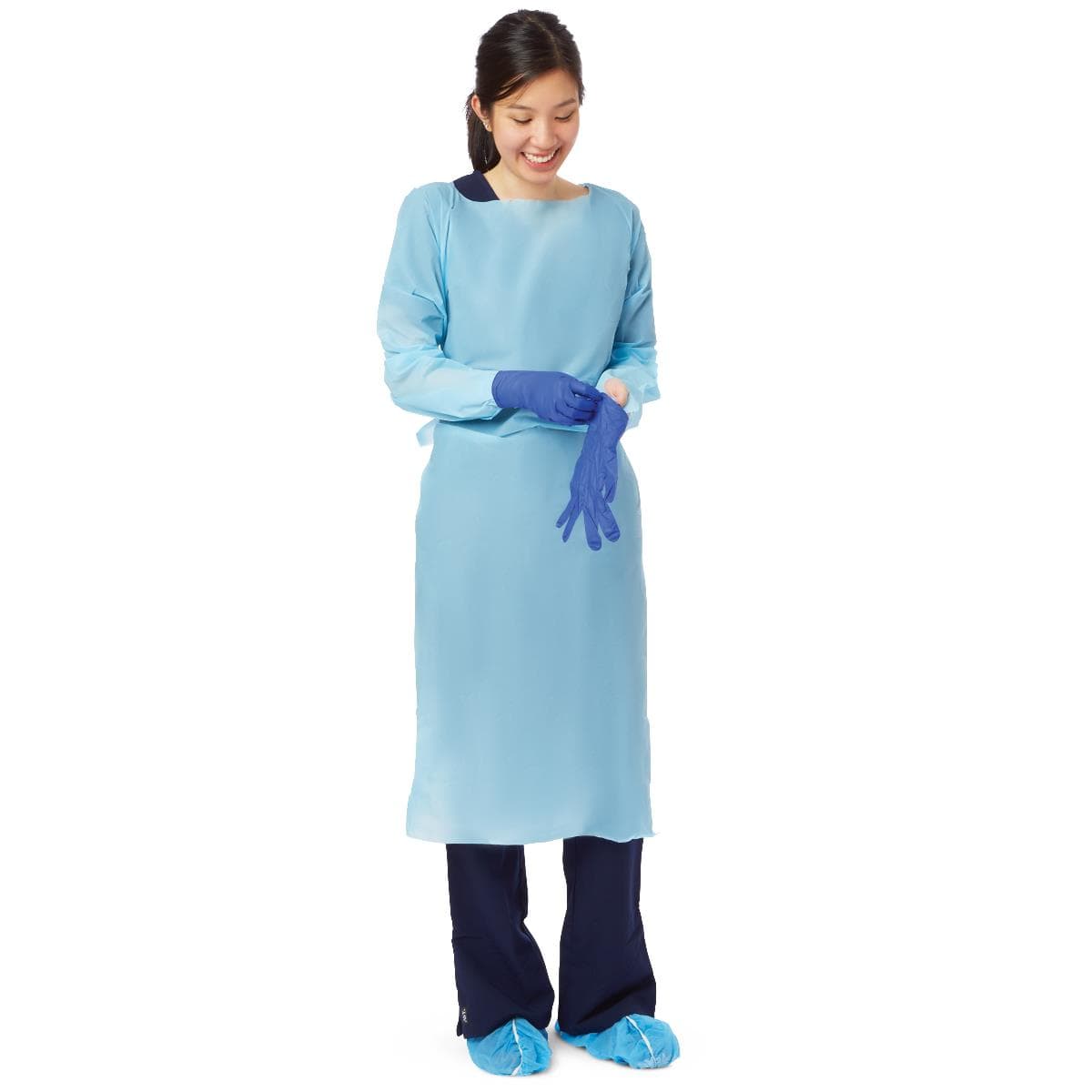 Medline Standard Polyethylene Isolation Gowns with Thumb Loop, Blue, Size XL - Case of 75 - Image 1