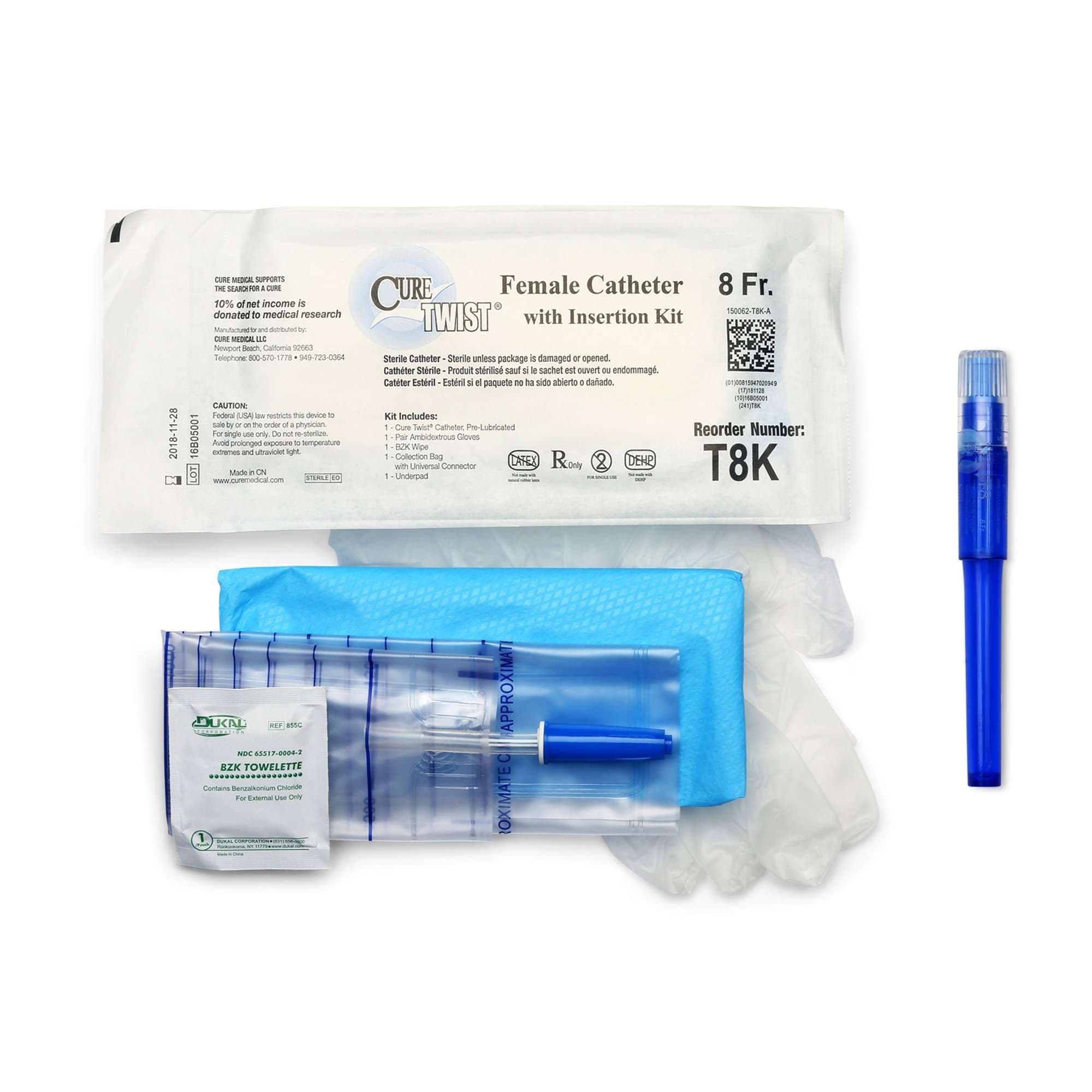 Cure Twist Ready to Use Catheter with insertion kit supplies for Women, 8 Fr - Box of 30 - Image 1