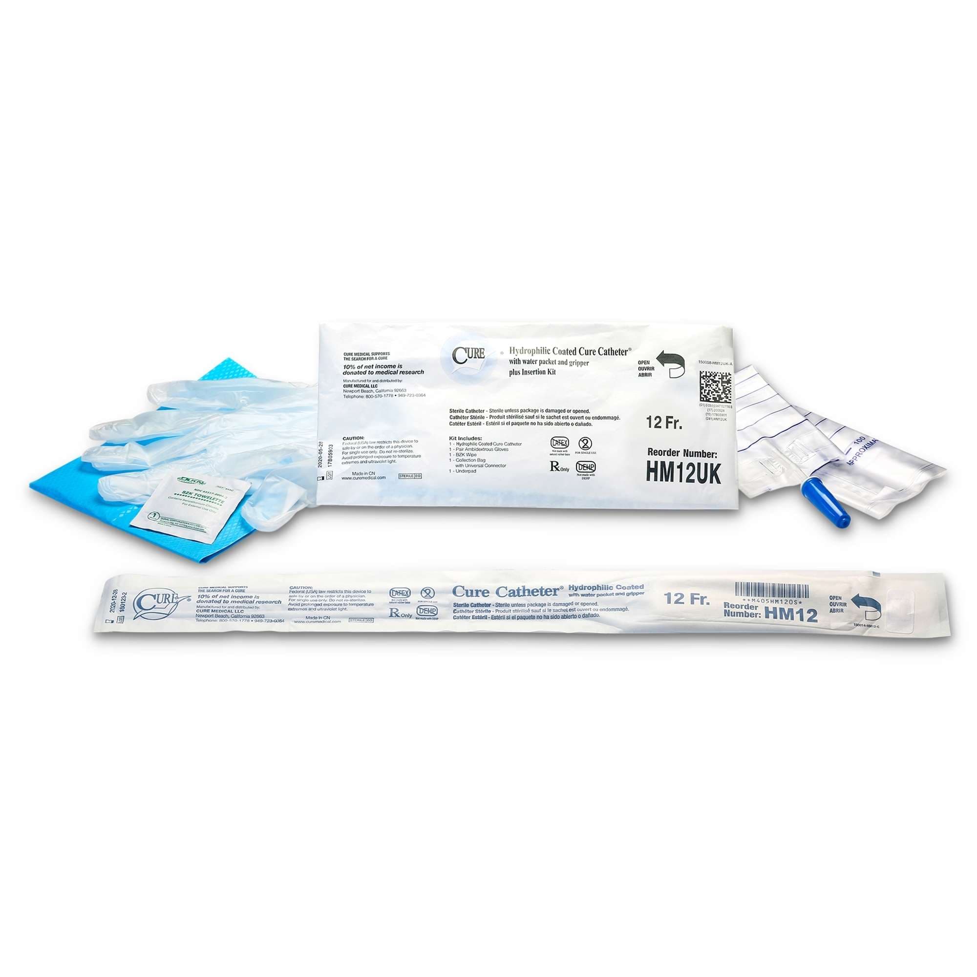 Cure Hydrophilic Catheter Kit for men, 12 Fr - Case of 90 - Image 1