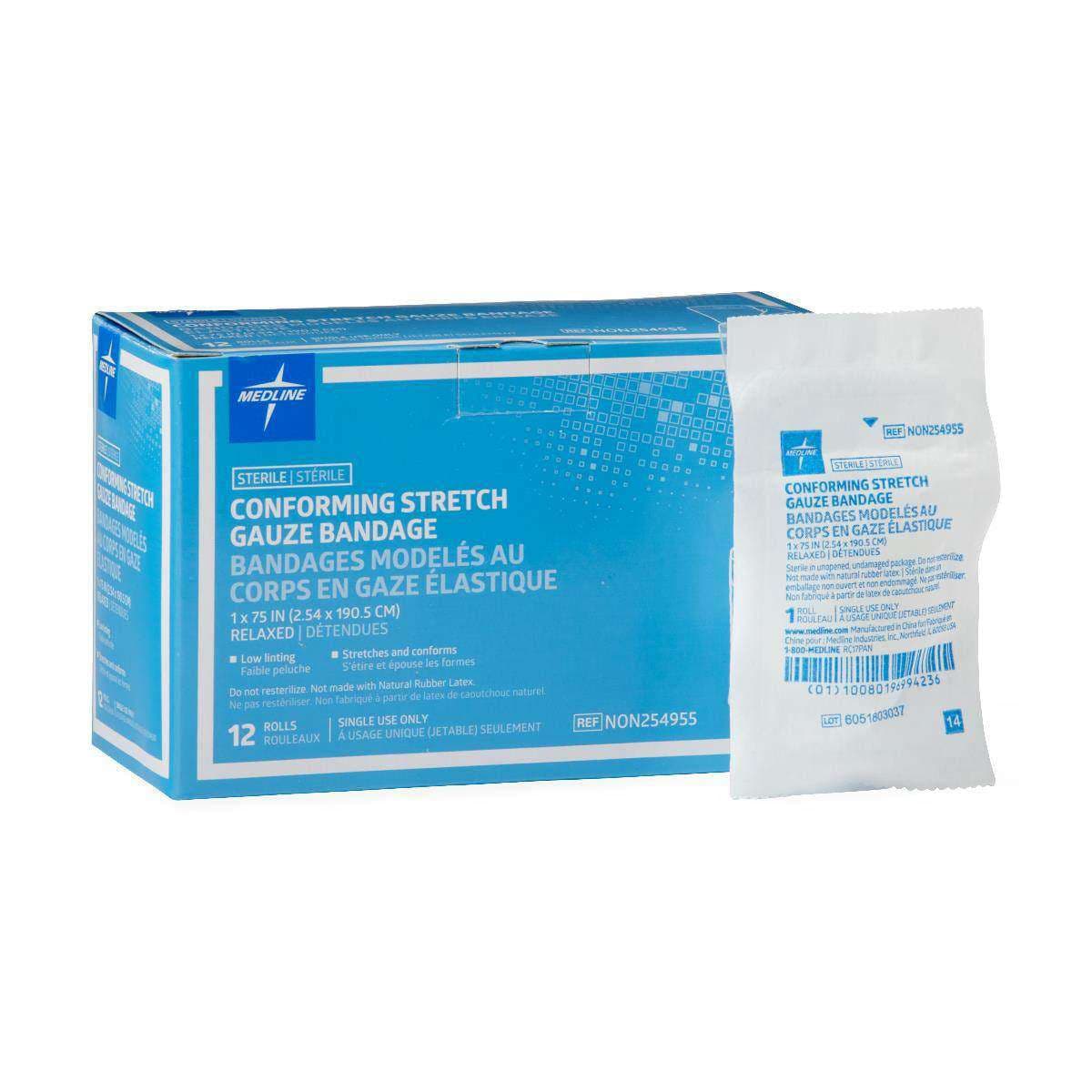 Medline Sterile Conforming Stretch Gauze Bandage, 1 x 75 Inch - Case of 96 - Image 1