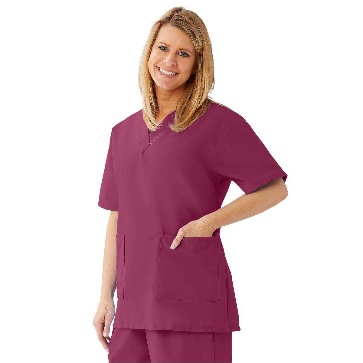 Medline Angelstat Women's V-neck Tunic Scrub Tops, Raspberry, 3XLarge - Image 1