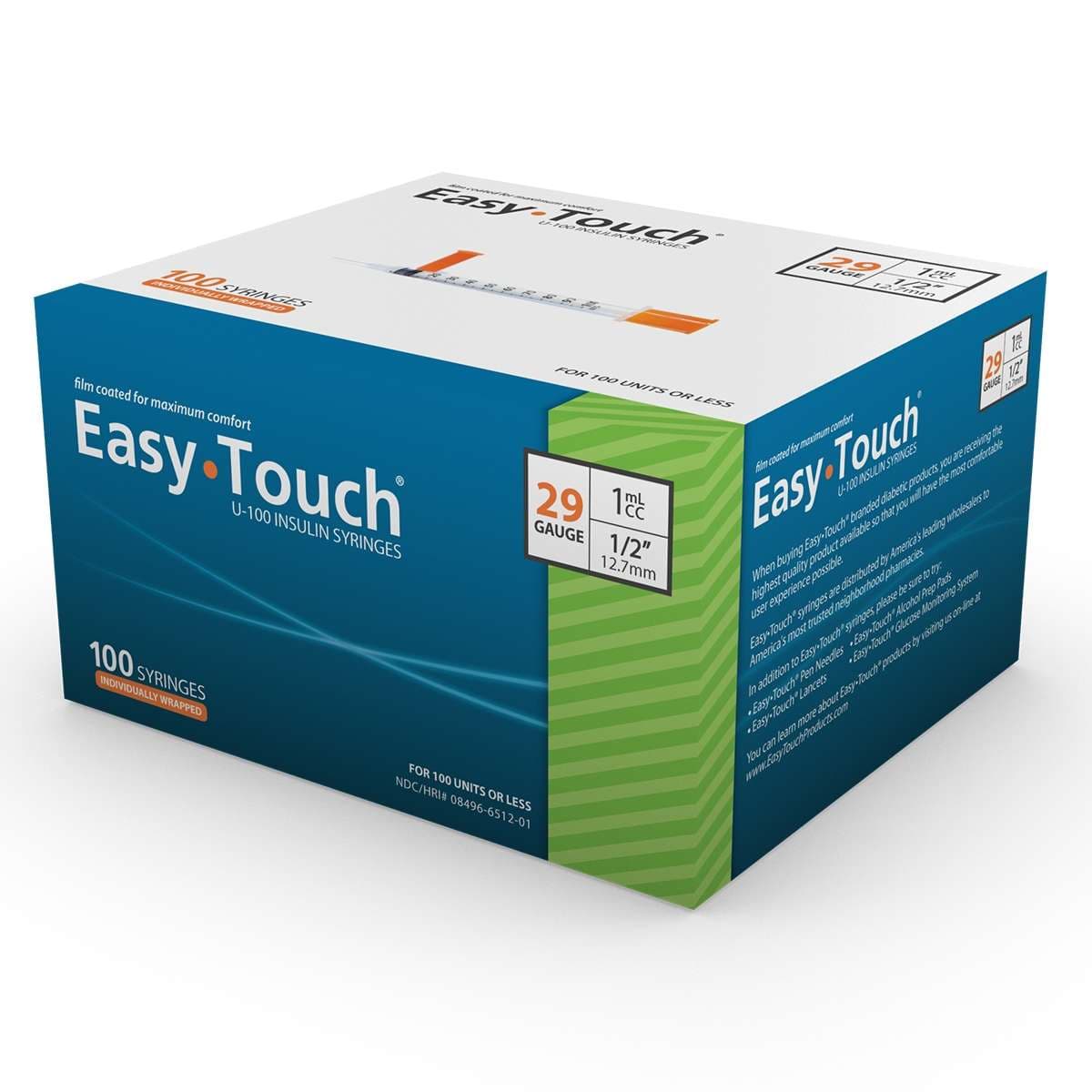 EasyTouch U-100 Insulin Syringes, 29G x 12.7mm, 1 ml - Case of 500 - Image 1