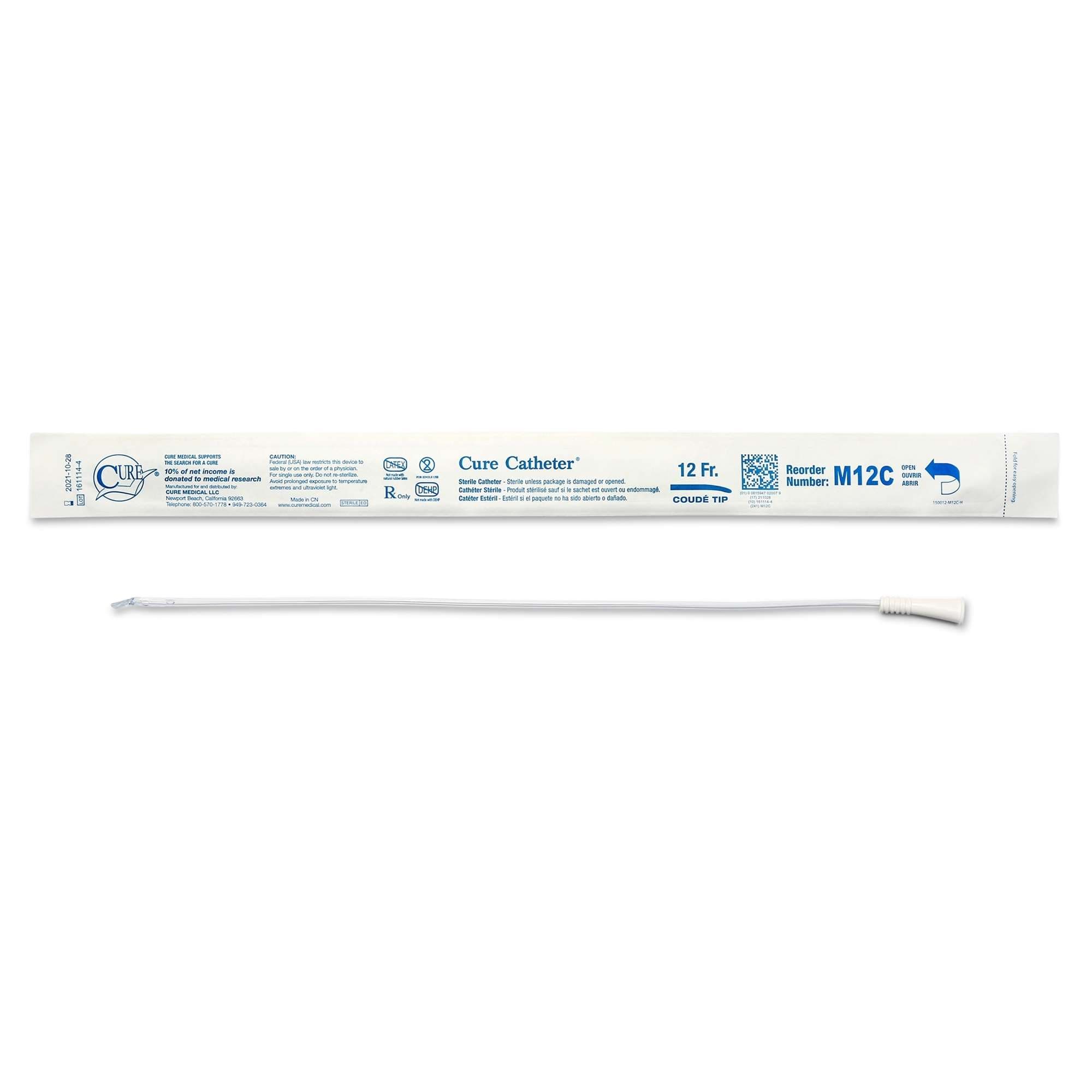 Cure Uncoated PVC Intermittent Catheter for Men, Coude Tip, 12 Fr - Each - Image 1