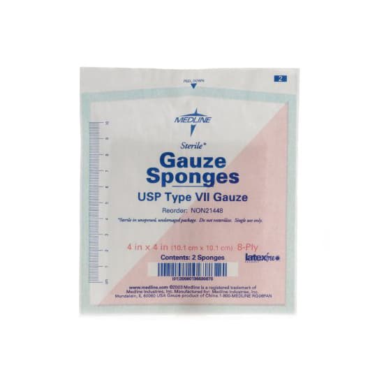 Medline USP Type VII Gauze Sponge White Square Sterile, 4 x 4 Inch, 8-Ply - Box of 100 - Image 1