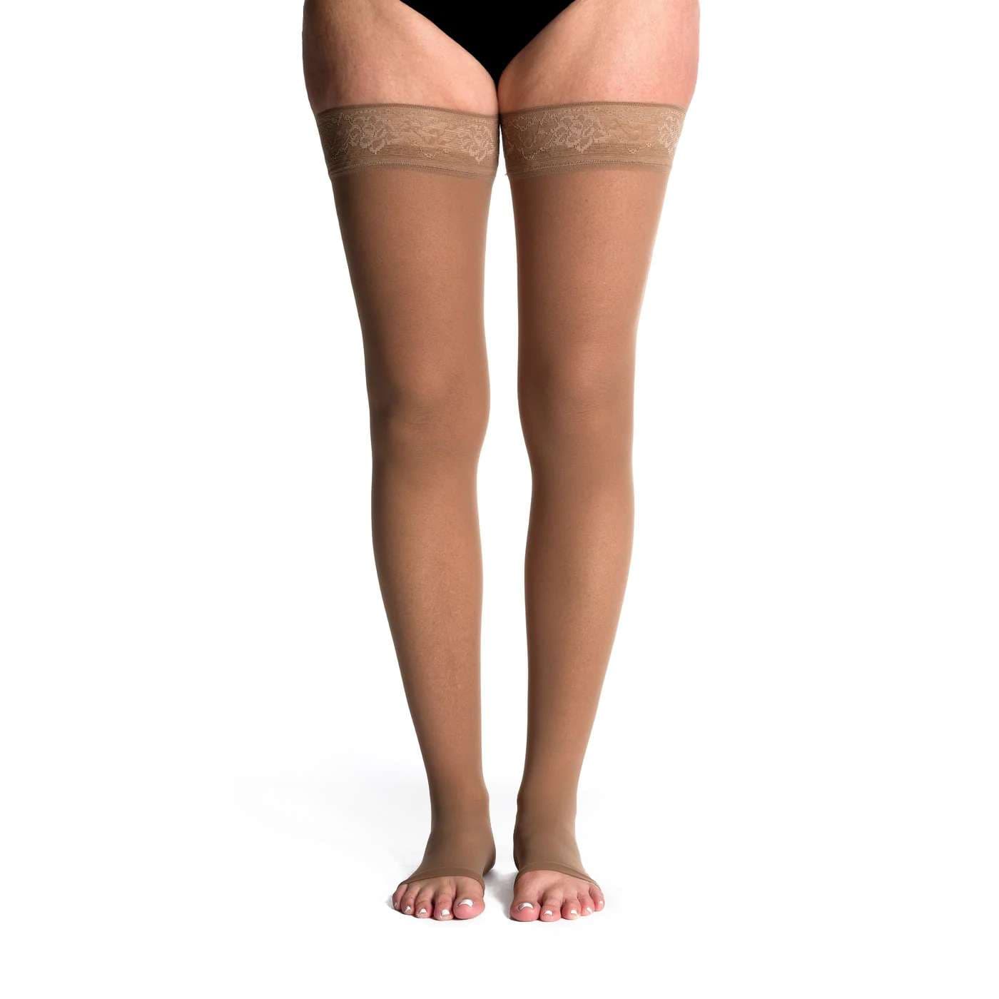 Sigvaris Style Sheer Thigh High with Grip-Top  Compression Stocking 15-20 mmHg, Open Toe, Medium-Short, Cafe - Pair - Image 1