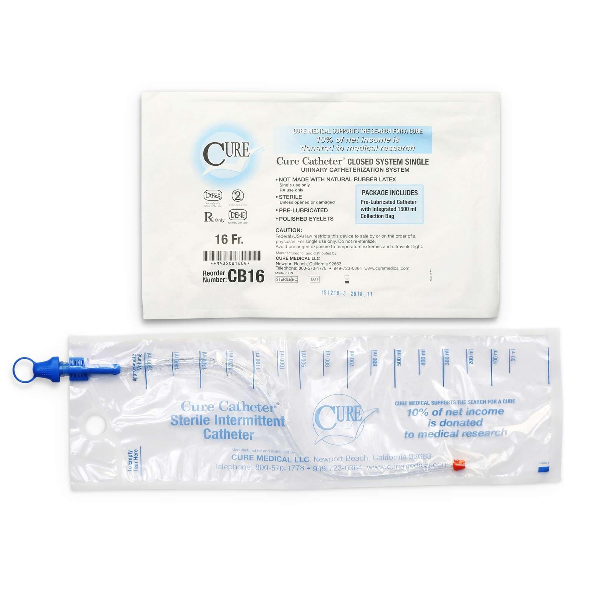 Cure Closed System Intermittent Catheter, 16 Fr - Each - Image 1