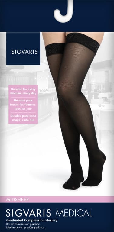 Sigvaris Women's Style Medium Sheer Thigh High Compression Stockings, 20-30mmHg, Large-Short, Black - Pair - Image 1