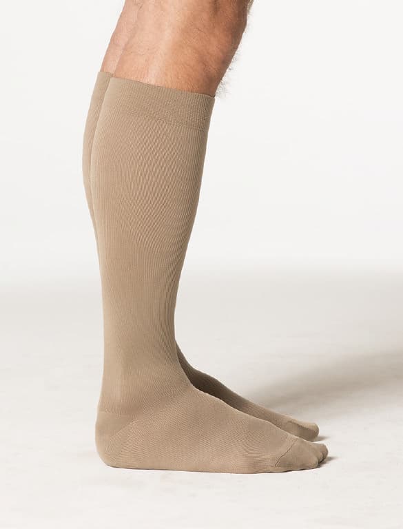 Sigvaris Style Microfiber Men Calf High Closed Toe Compression Socks, 30-40 mmHg, With Grip Top, Medium-Short, Tan Khaki - Pair - Image 1