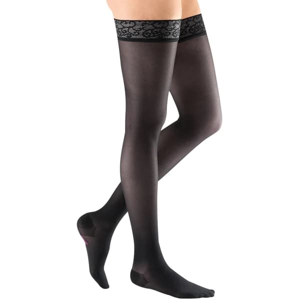 Mediven Sheer & Soft Thigh High 15-20mmHg Compression Stocking with Lace Top Band Standard, Closed Toe, Ebony, Size IV - Pair - Image 1