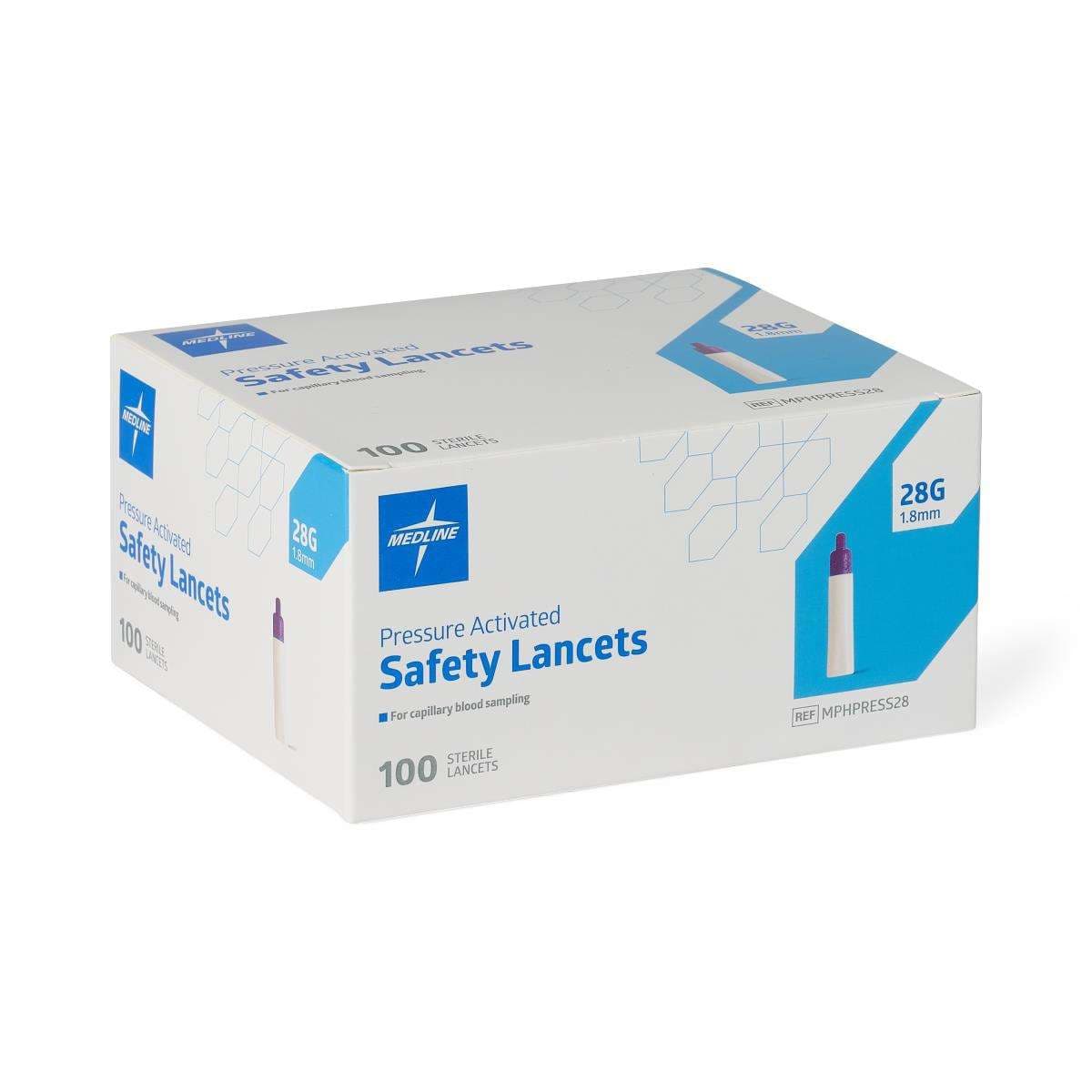 Medline Sterile Safety Lancets, with Pressure Activation, 28G x 1.8 mm - Box of 100 - Image 1