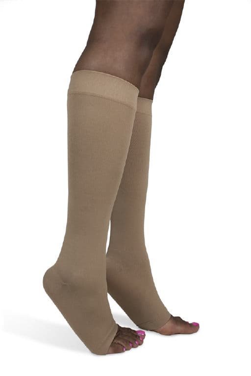 Sigvaris Women's Style Soft Opaque Calf-High Compression Socks, 30-40mmHg Open Toe, Medium-Short, Nude - Pair - Image 1