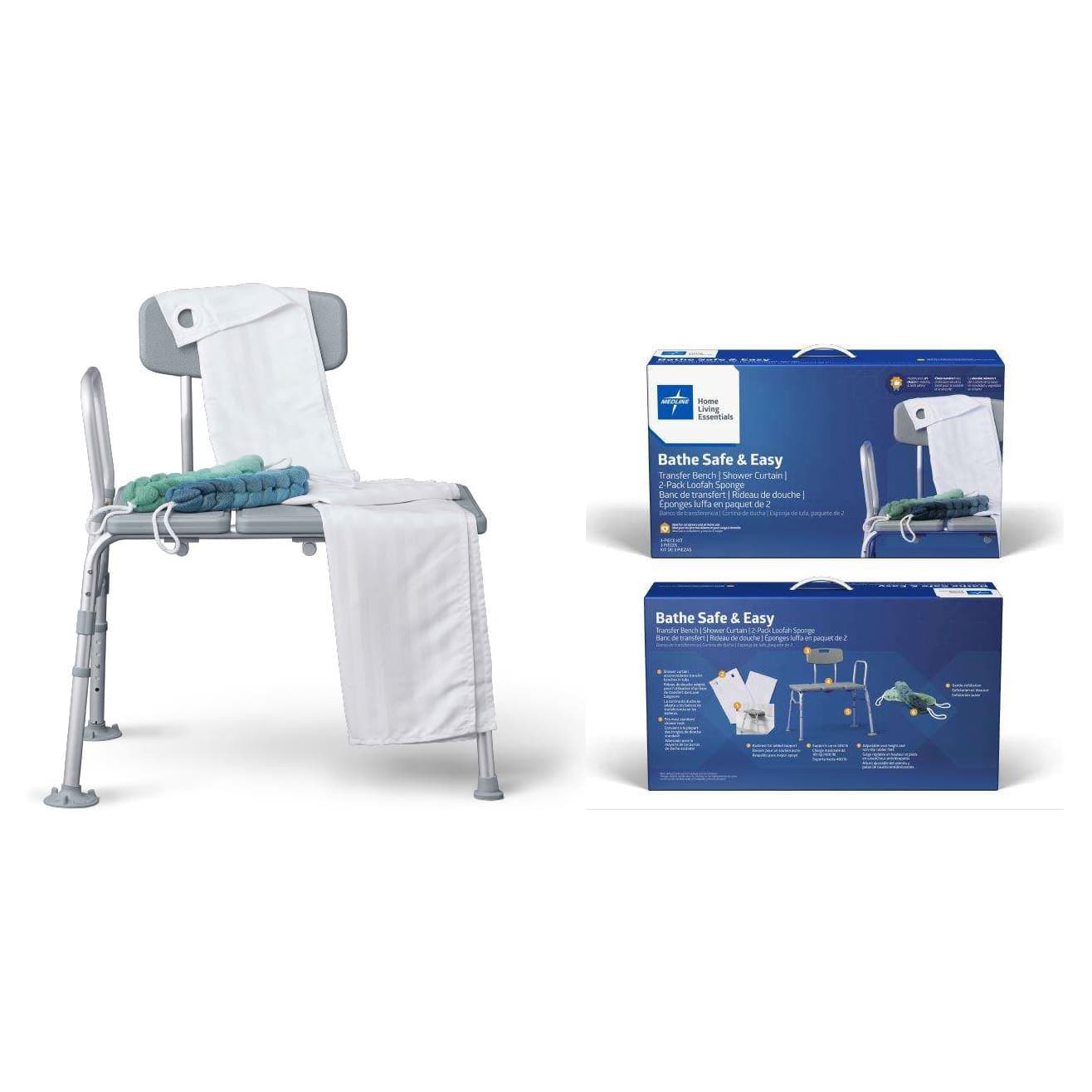 Medline Bathe Safe & Easy Caregiver Kit – Transfer Bench, Shower Curtain & 2 Loofah