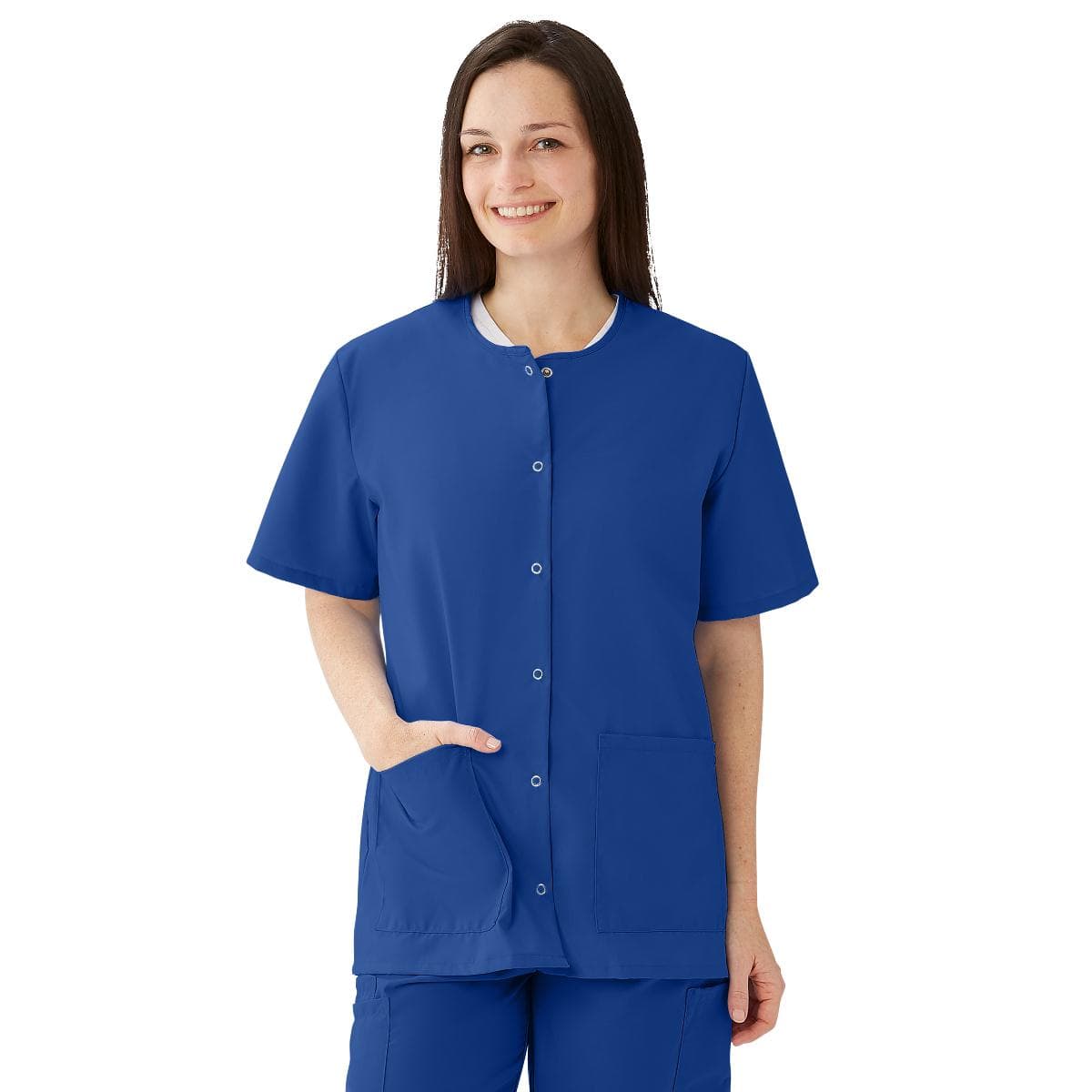 Medline Women's Snap-front Jewel-neckline Scrub Top, Sapphire, 3XLarge - Image 1