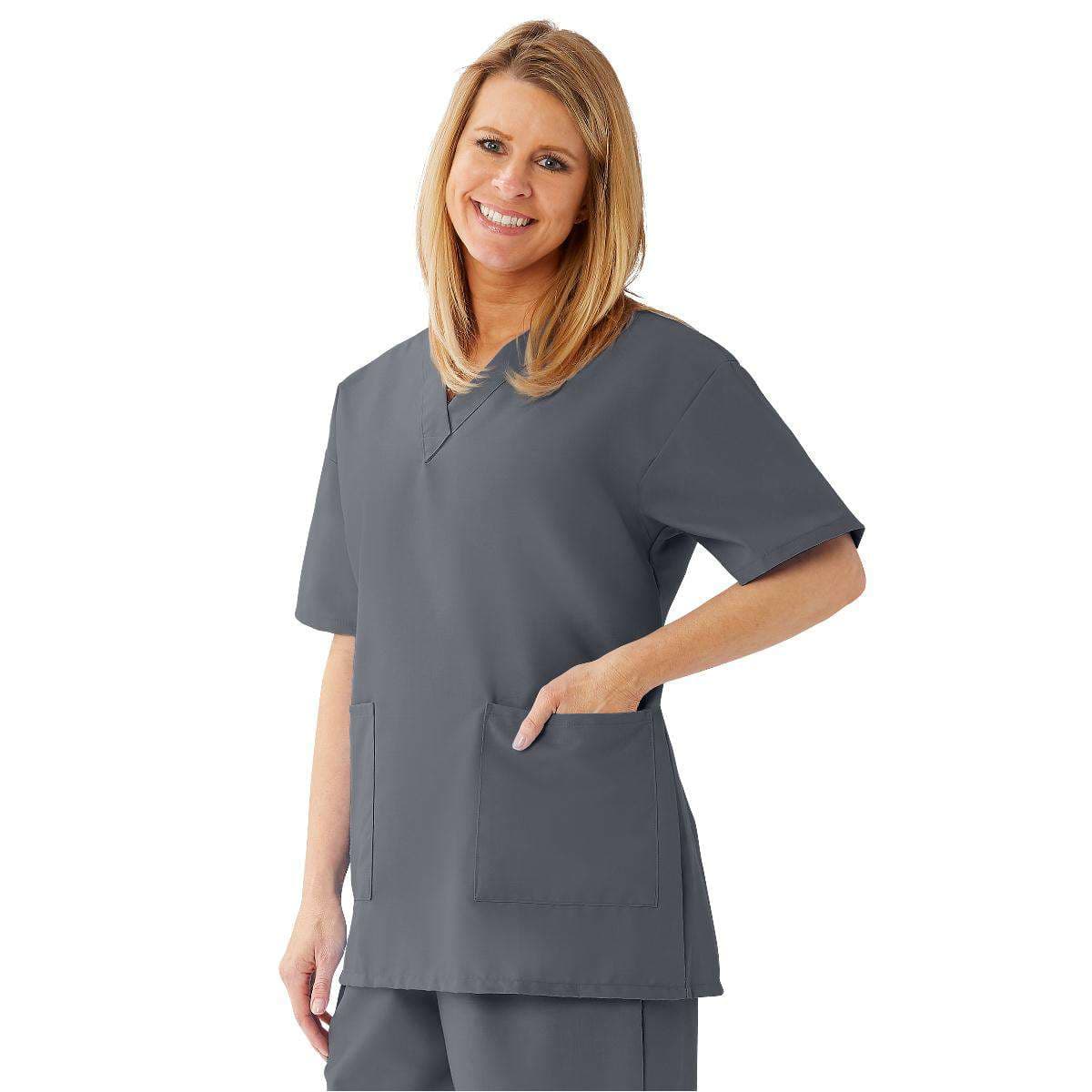 Medline Angelstat Women's V-neck Tunic Scrub Tops, Charcoal, Medium - Image 1