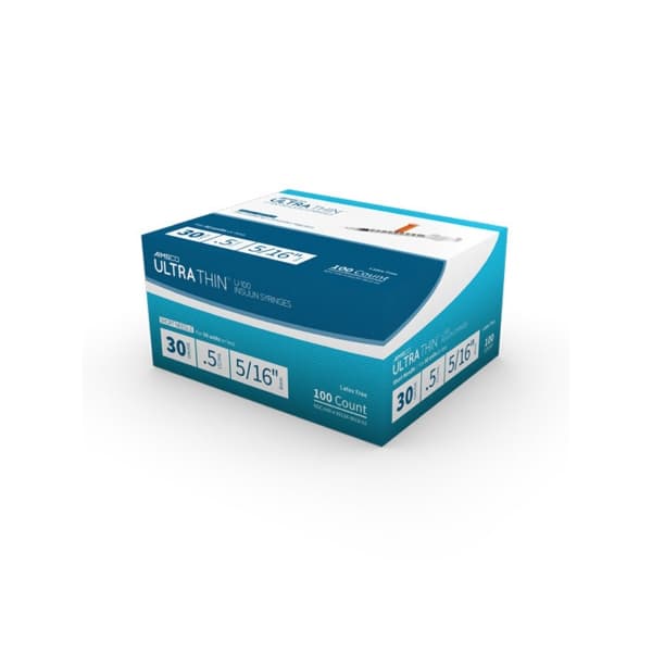 AIMSCO Ultra-Thin Standard U-100 Insulin Syringe with Needle, 30 Gauge, 8 mm, 0.5 mL - Box of 100 - Image 1