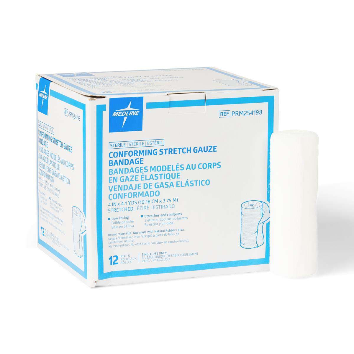 Medline Sterile Conforming Stretch Gauze Bandages, 4 x 4.1 Yard - Case of 96 - Image 1