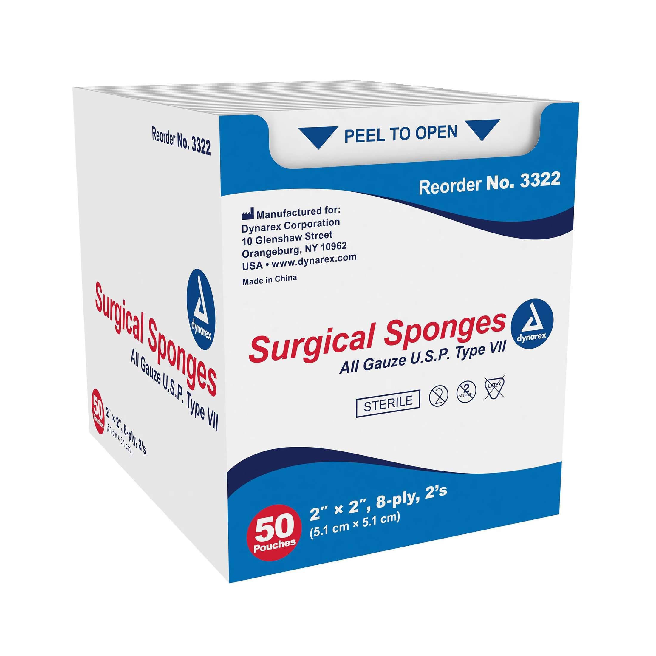 Dynarex Surgical Sponge, Sterile, 8 Ply, 2 x 2 Inch - Case of 1500 - Image 1