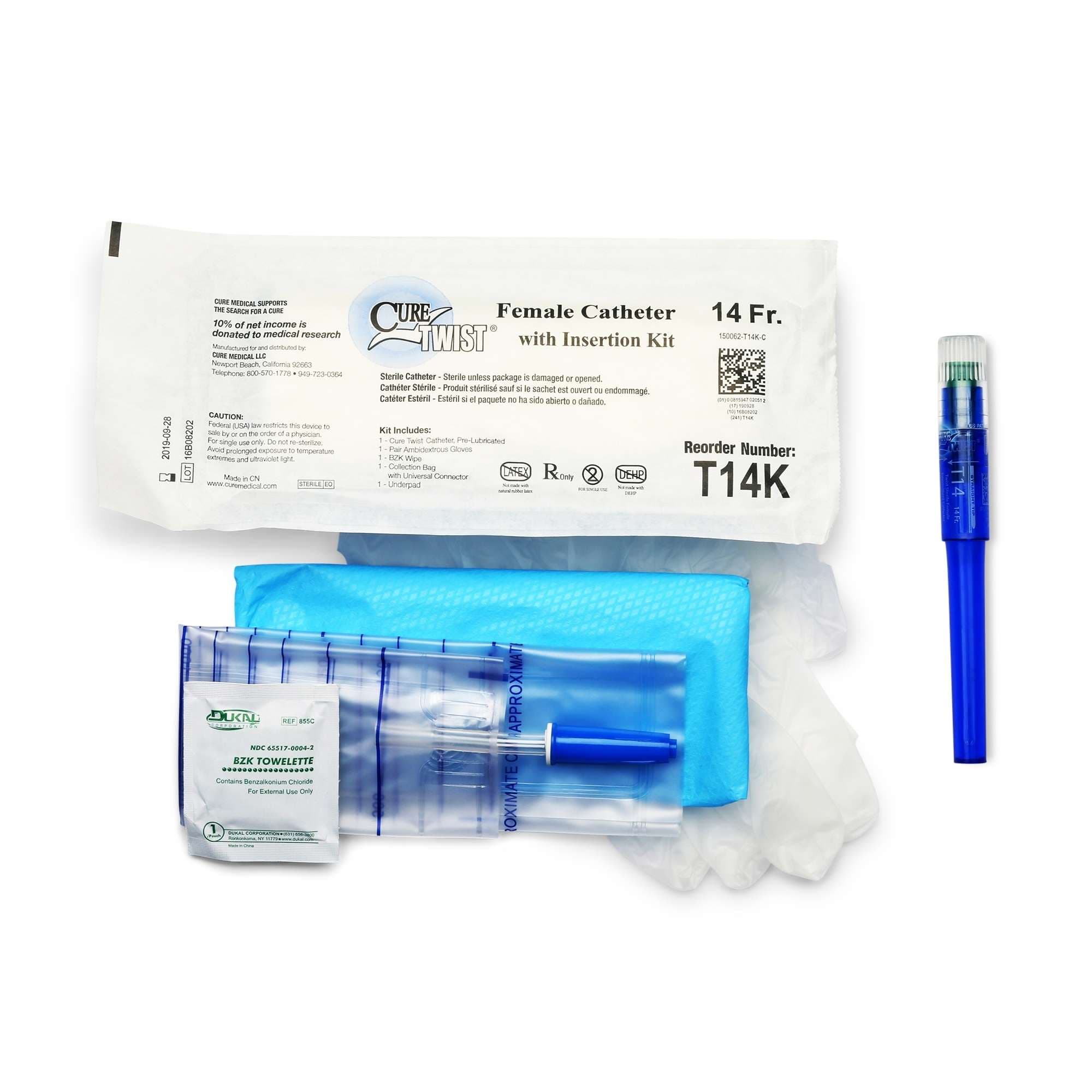 Cure Twist Ready to Use Catheter with insertion kit supplies for Women, 14 Fr - Case of 90 - Image 1