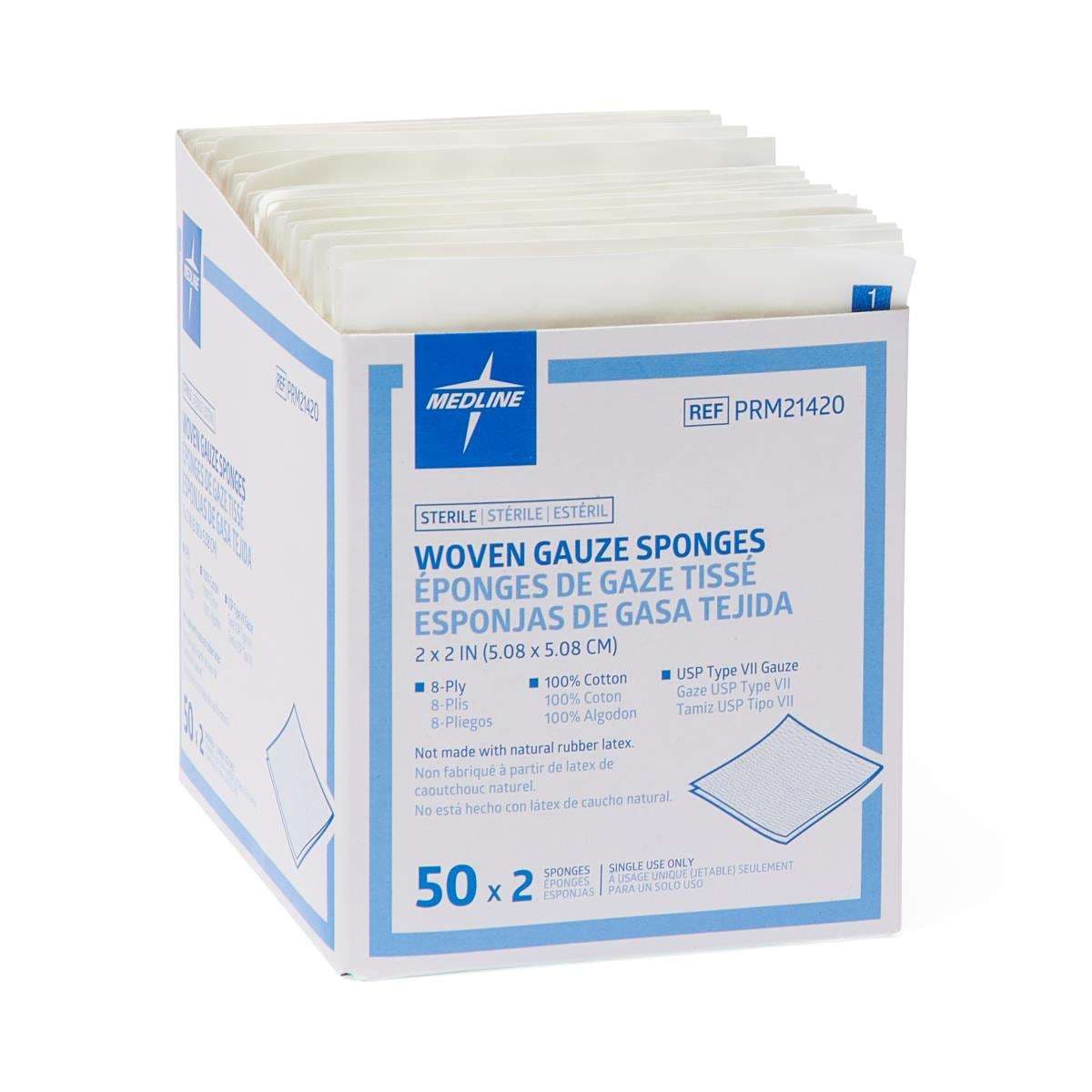 Medline Woven Sterile 8-Ply Gauze Sponges, USP Type VII, 2" x 2" - Box of 100 - Image 1