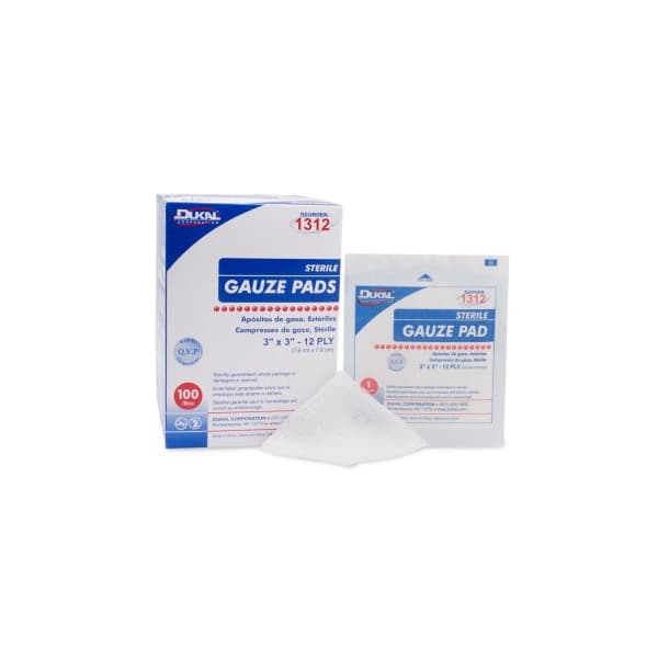 Dukal Gauze Sponge White 12-Ply Square Sterile, 3 x 3 Inch - Box of 100 - Image 1