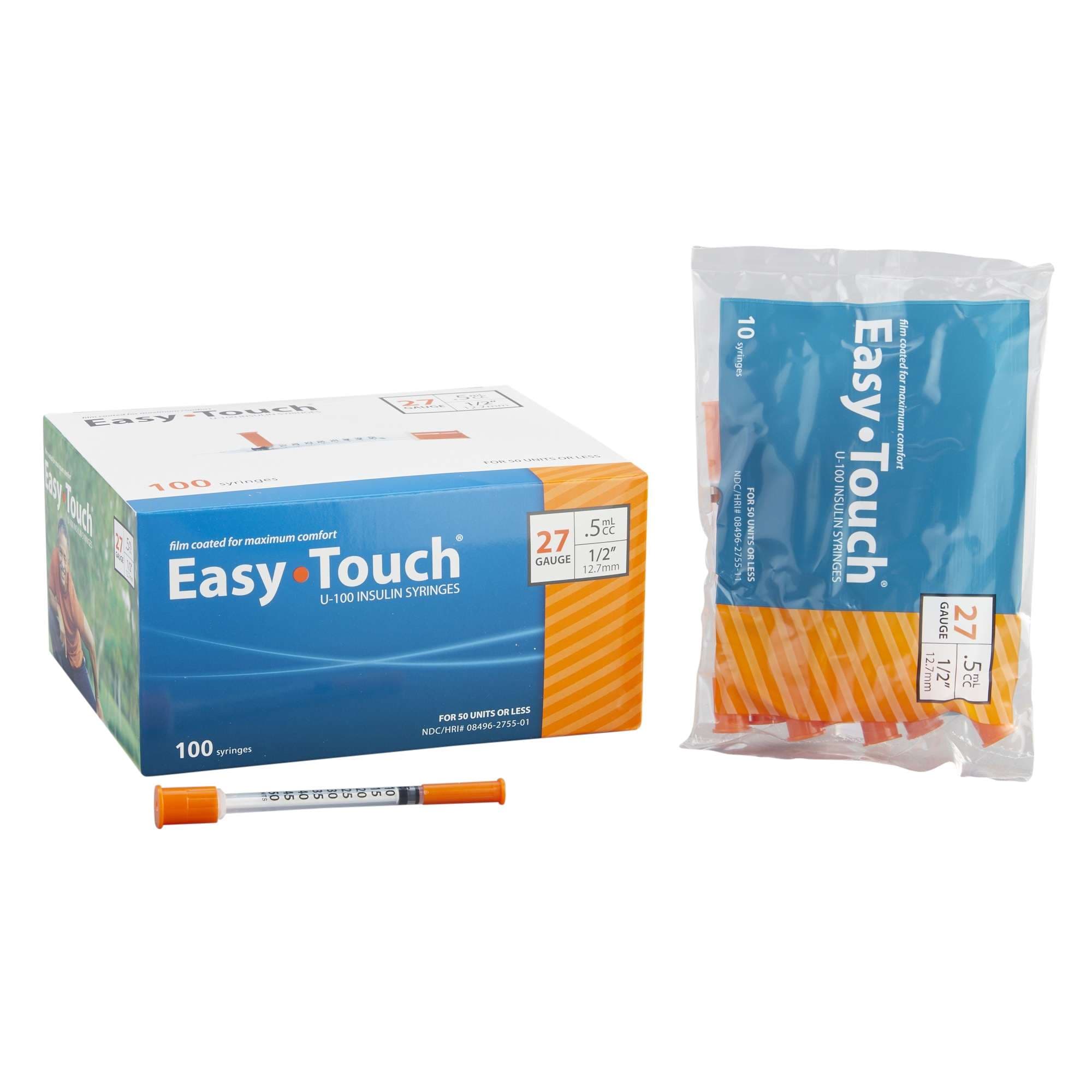 EasyTouch Standard Insulin Syringe with Needle, U-100 Insulin, 0.5 ml, 27 Gauge, 1/2 Inch, Poly Bag - Box of 100 - Image 1