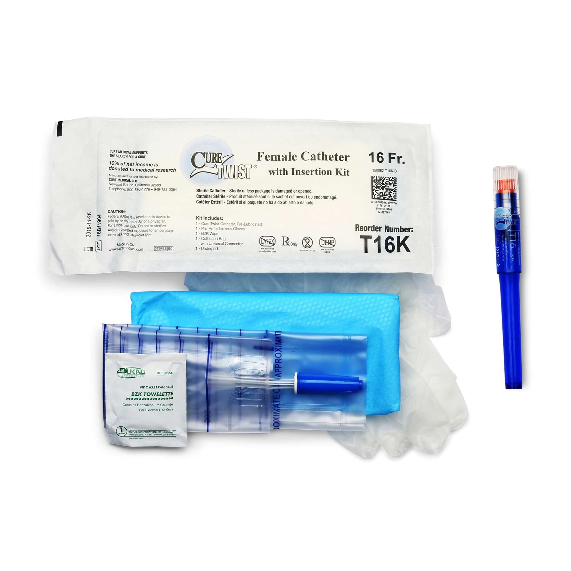 Cure Twist Ready to Use Catheter with insertion kit supplies for Women, 16 Fr - Each - Image 1